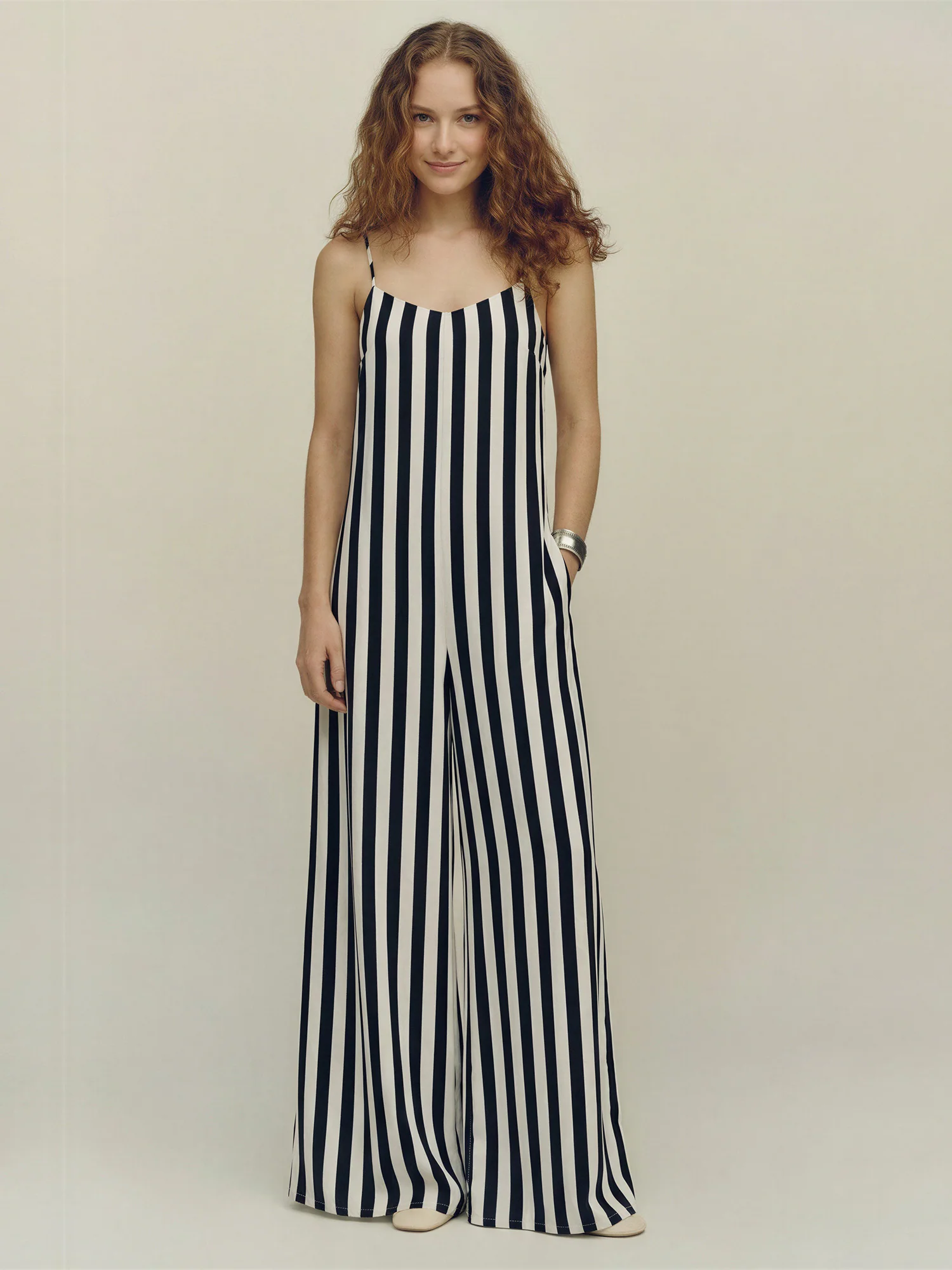 Black And White Stripe V-Neck Woven Jumpsuit