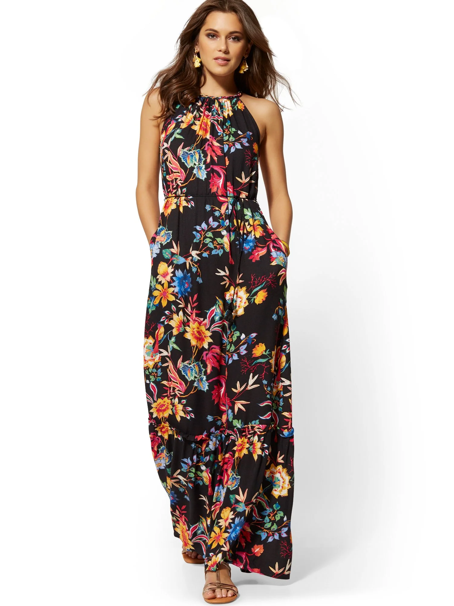 Black Floral Halter Maxi Dress - Image 2