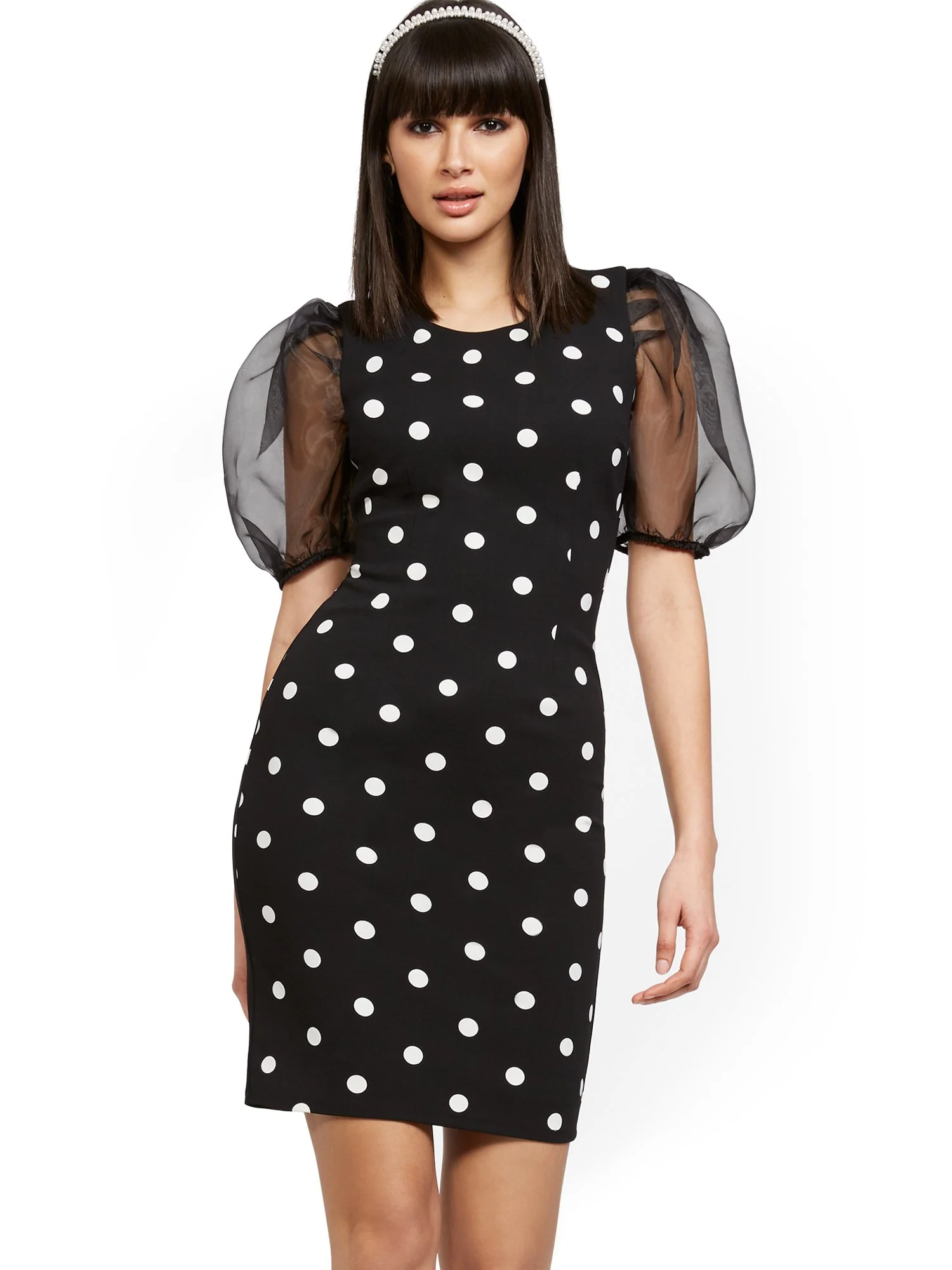 Black Organza-Sleeve Sheath Dress - Magic Crepe® - Image 2