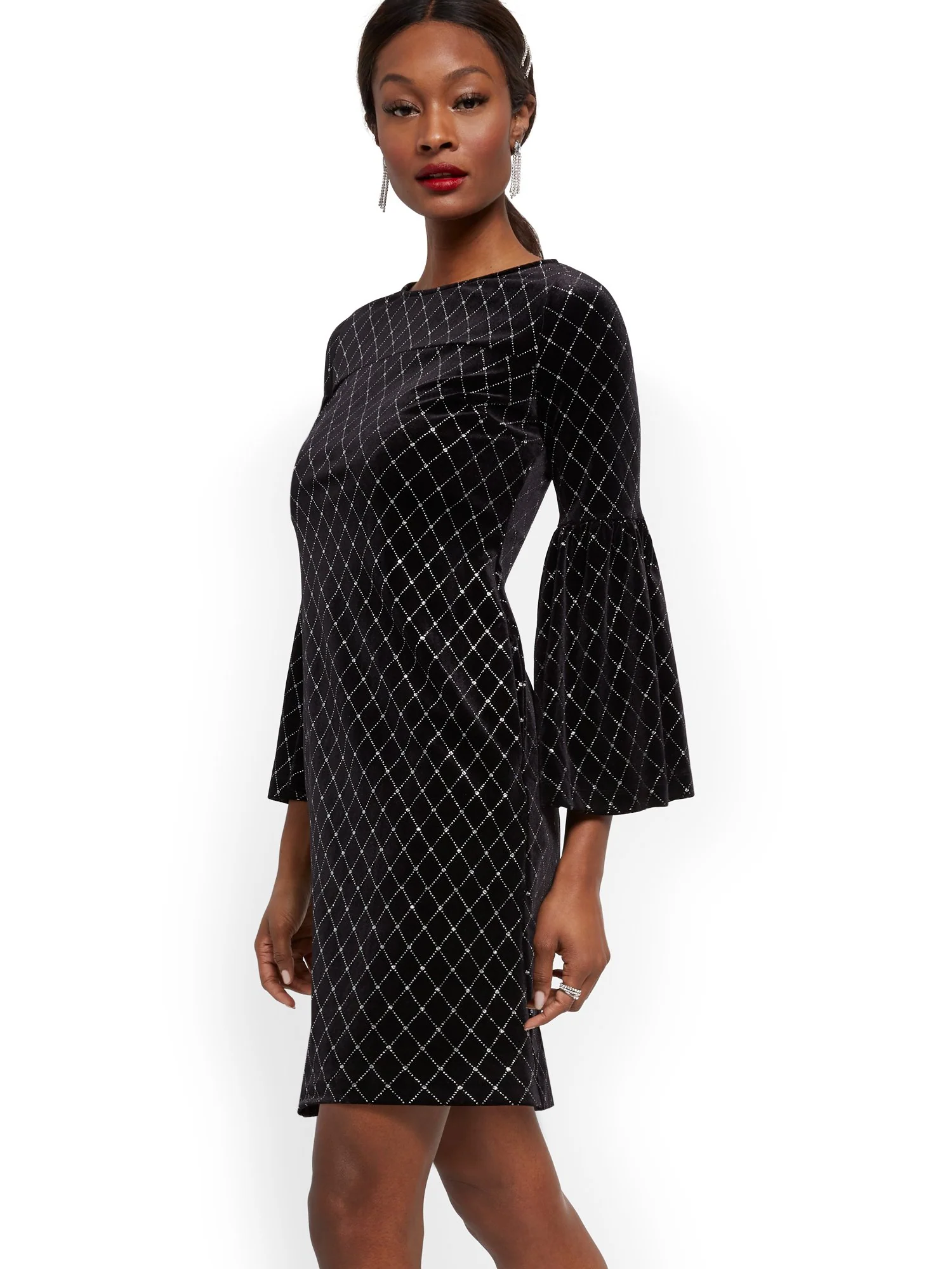 Black Velvet Bell Sleeve Shift Dress - Image 2
