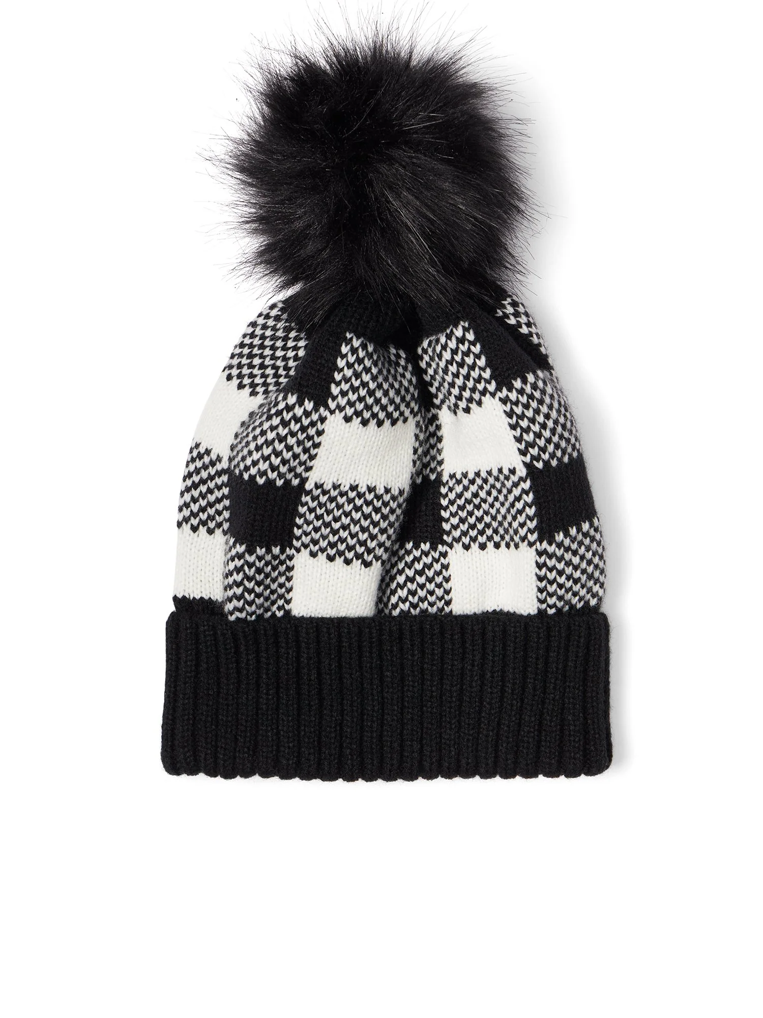 Black & White Check-Print Pom-Pom Knit Hat