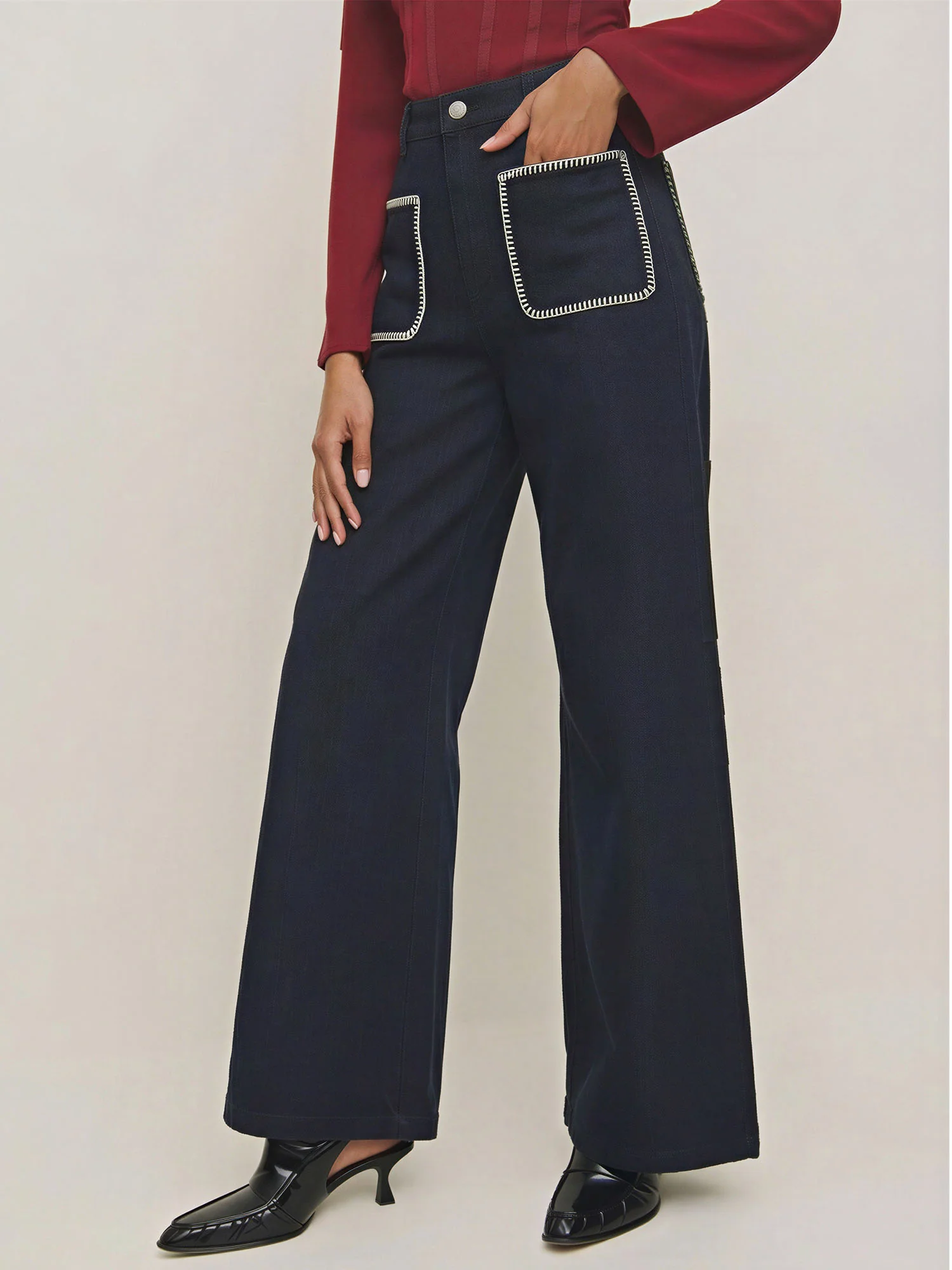 Blanket Stitch Bootcut Denim Jeans - Image 8