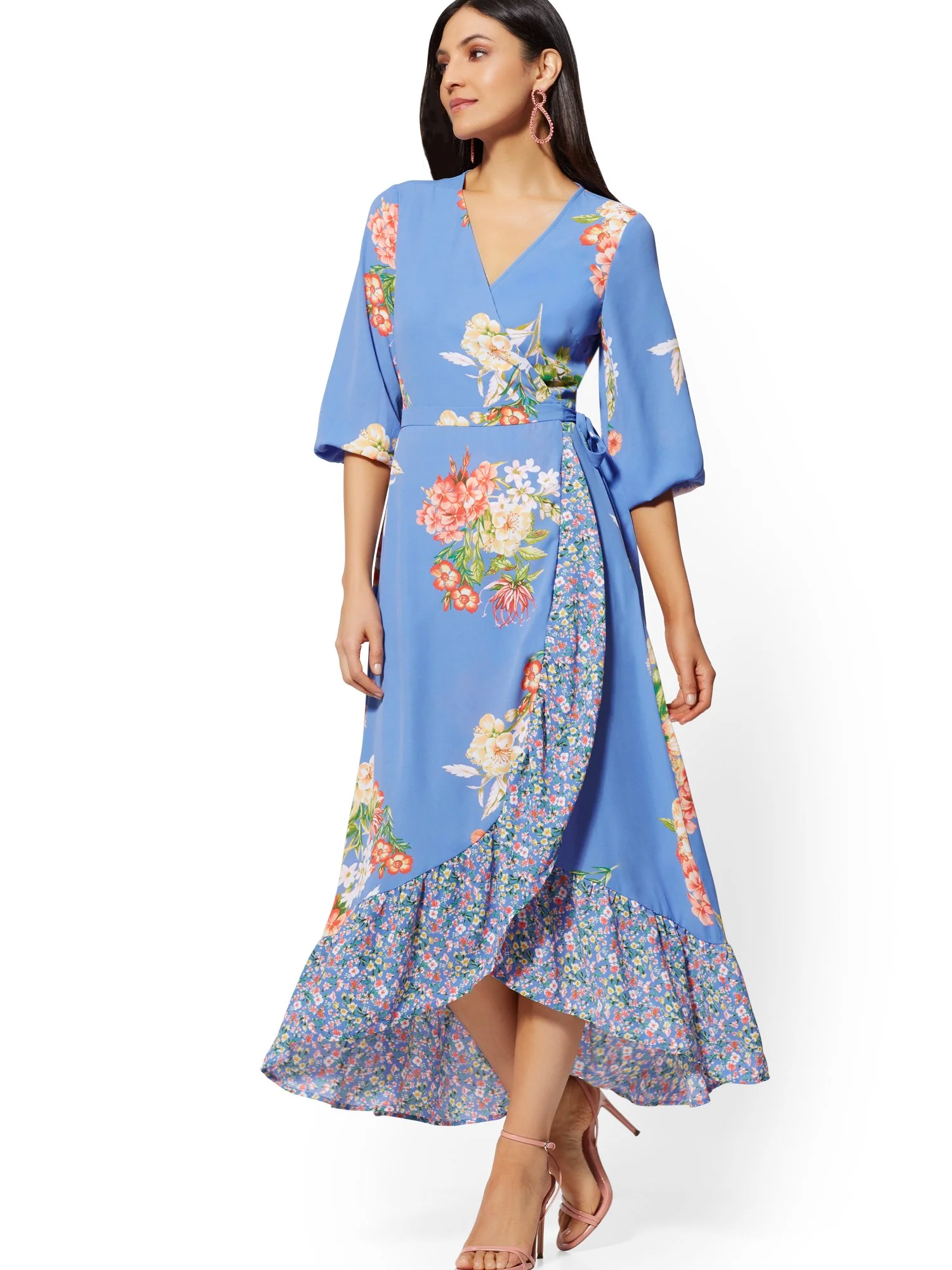 Blue Floral Wrap Maxi Dress - Image 2