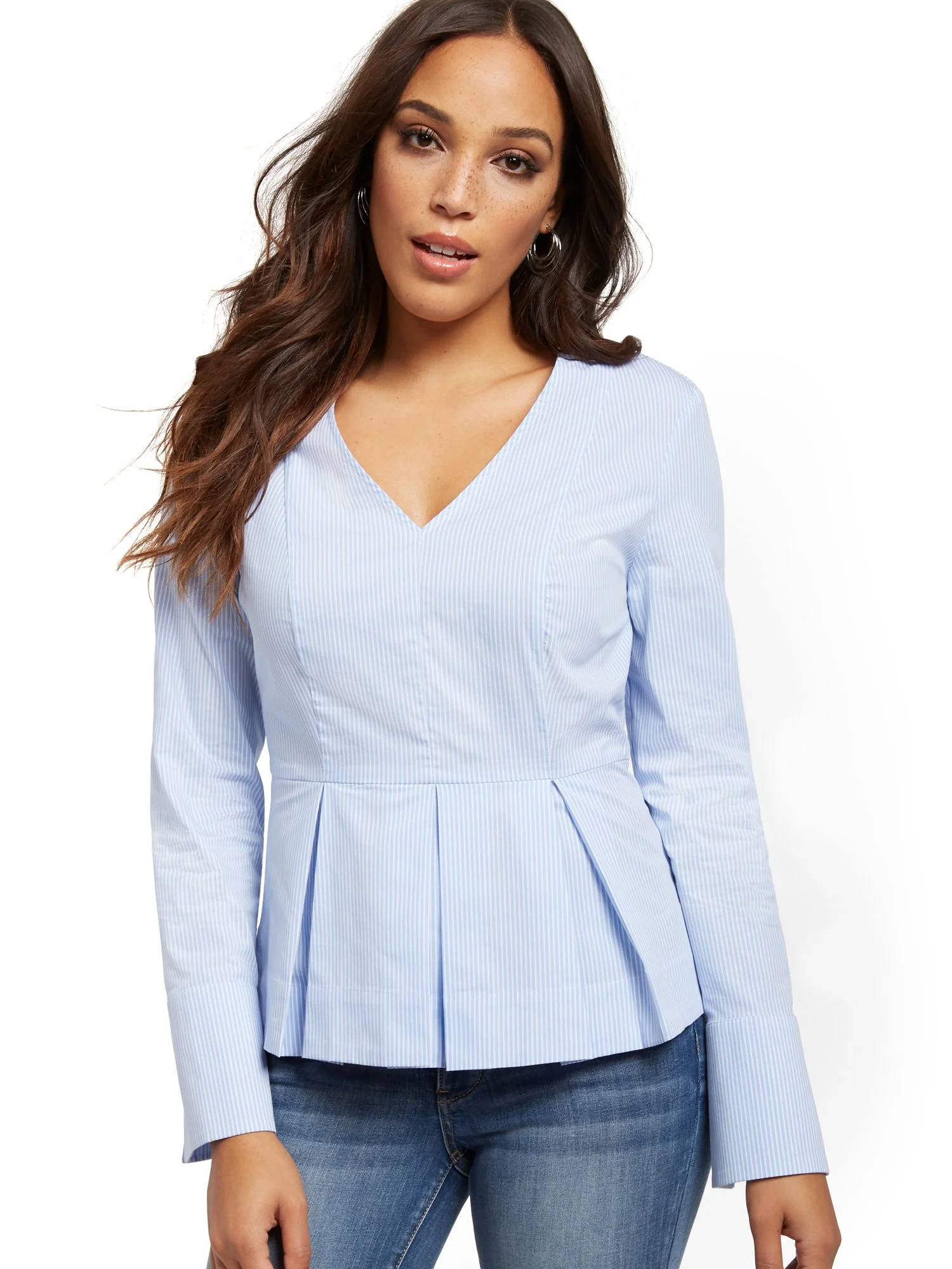 Blue Stripe V-Neck Peplum Shirt - 7th Avenue - Image 2