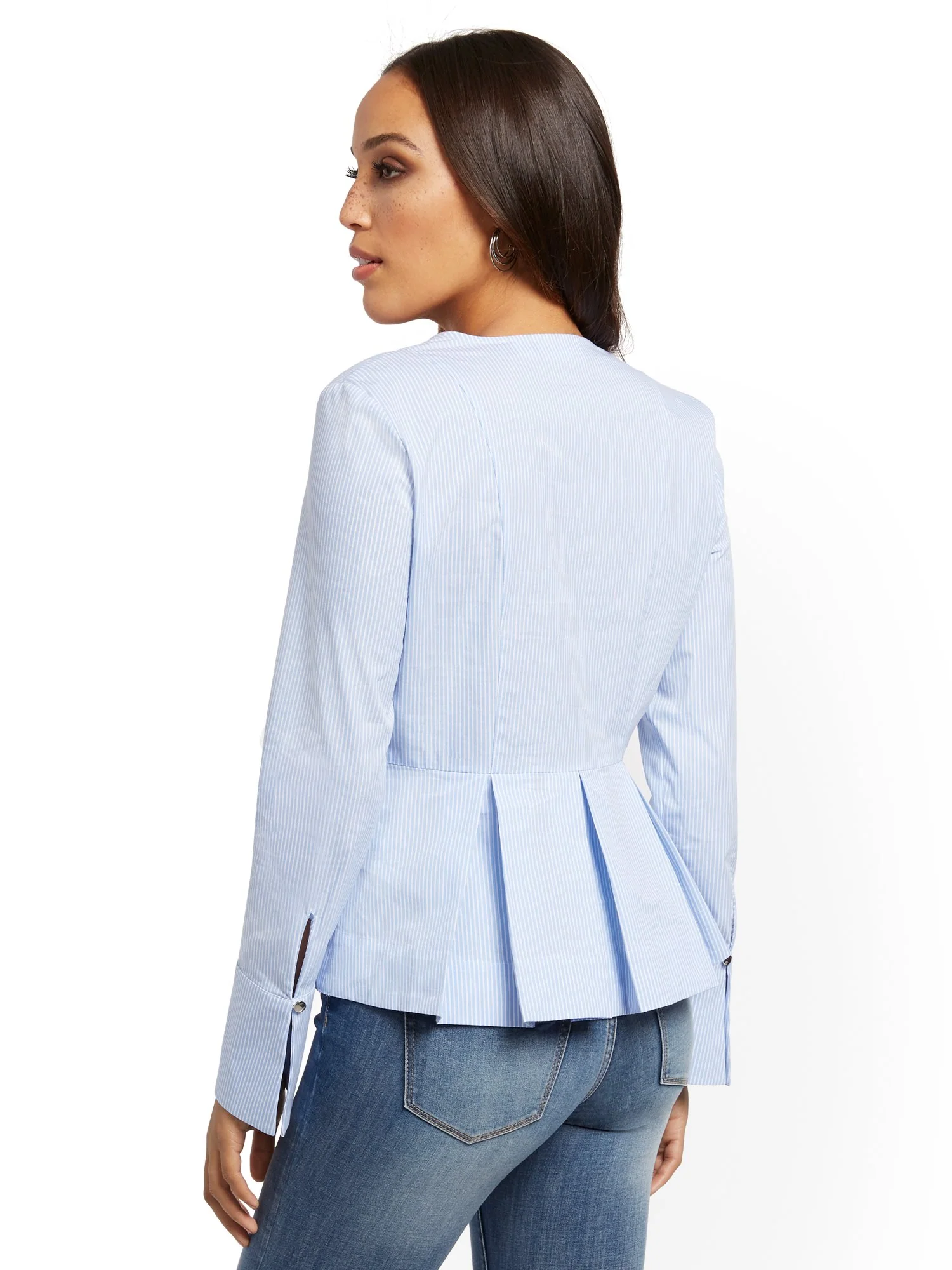 Blue Stripe V-Neck Peplum Shirt - 7th Avenue - Image 3