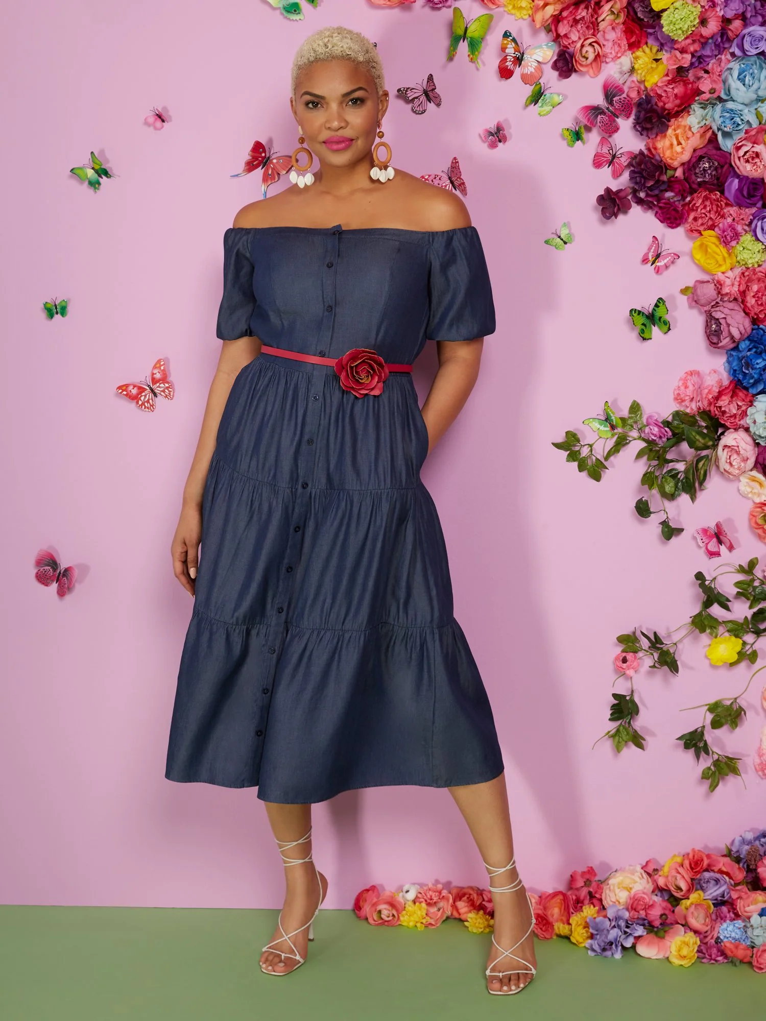 Blue Tiered Poplin Off-The-Shoulder Midi Dress - Image 2