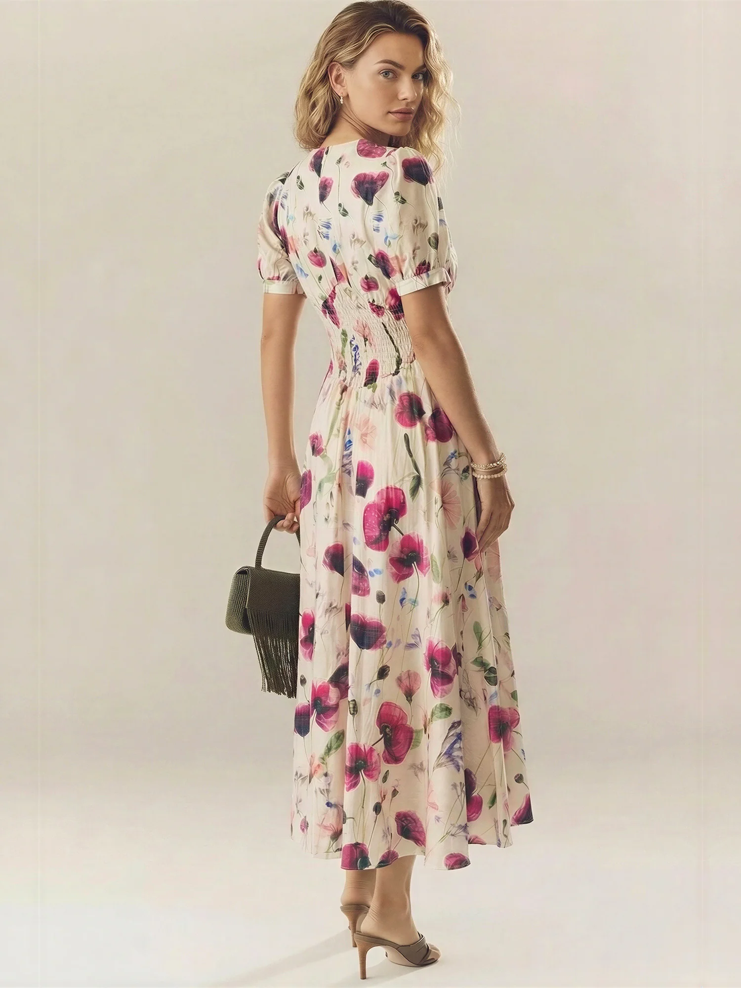 Bold Floral Puffed Sleeves With V-Neckline A-Line Maxi Dress - Image 3