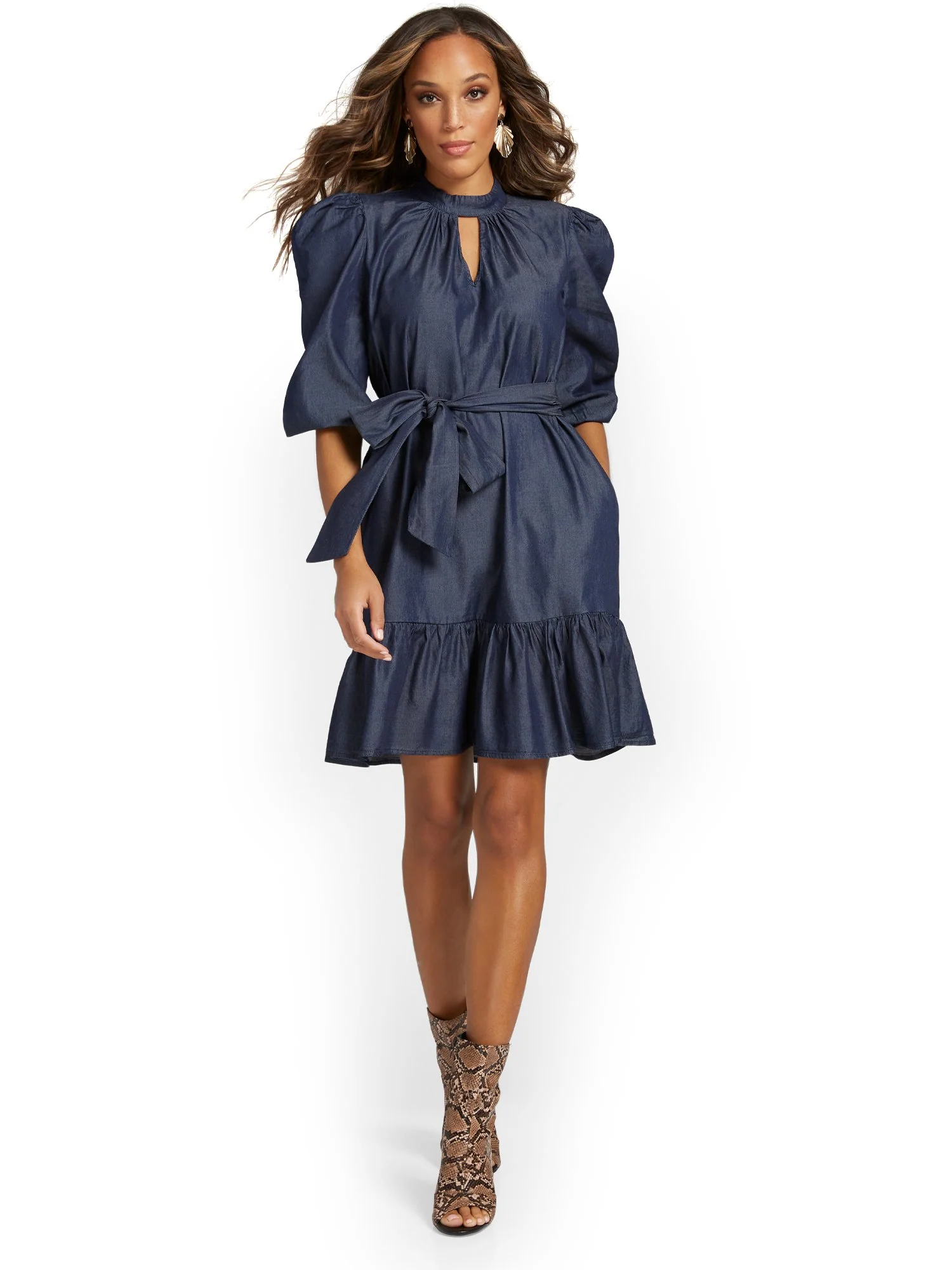 Bow-Detail Puff-Shoulder Tencel Shift Dress