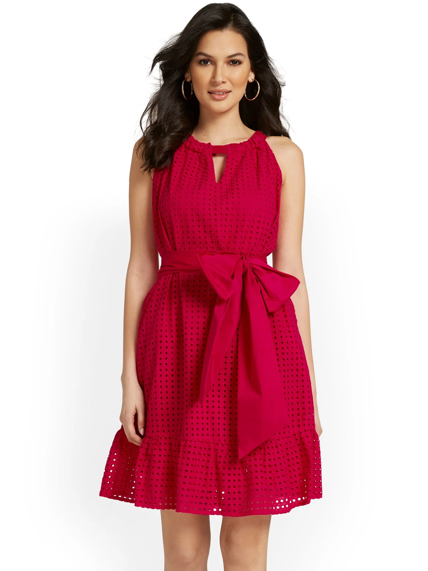 Bow-Waist Eyelet Shift Dress