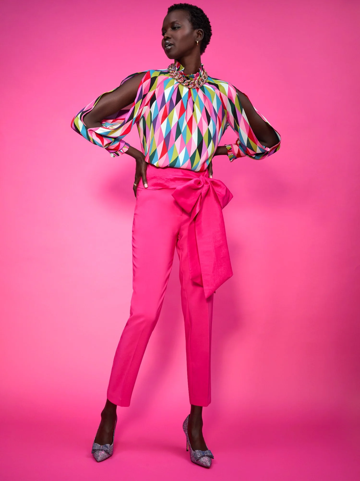 Bow-Waist Slim-Leg Ankle Pant