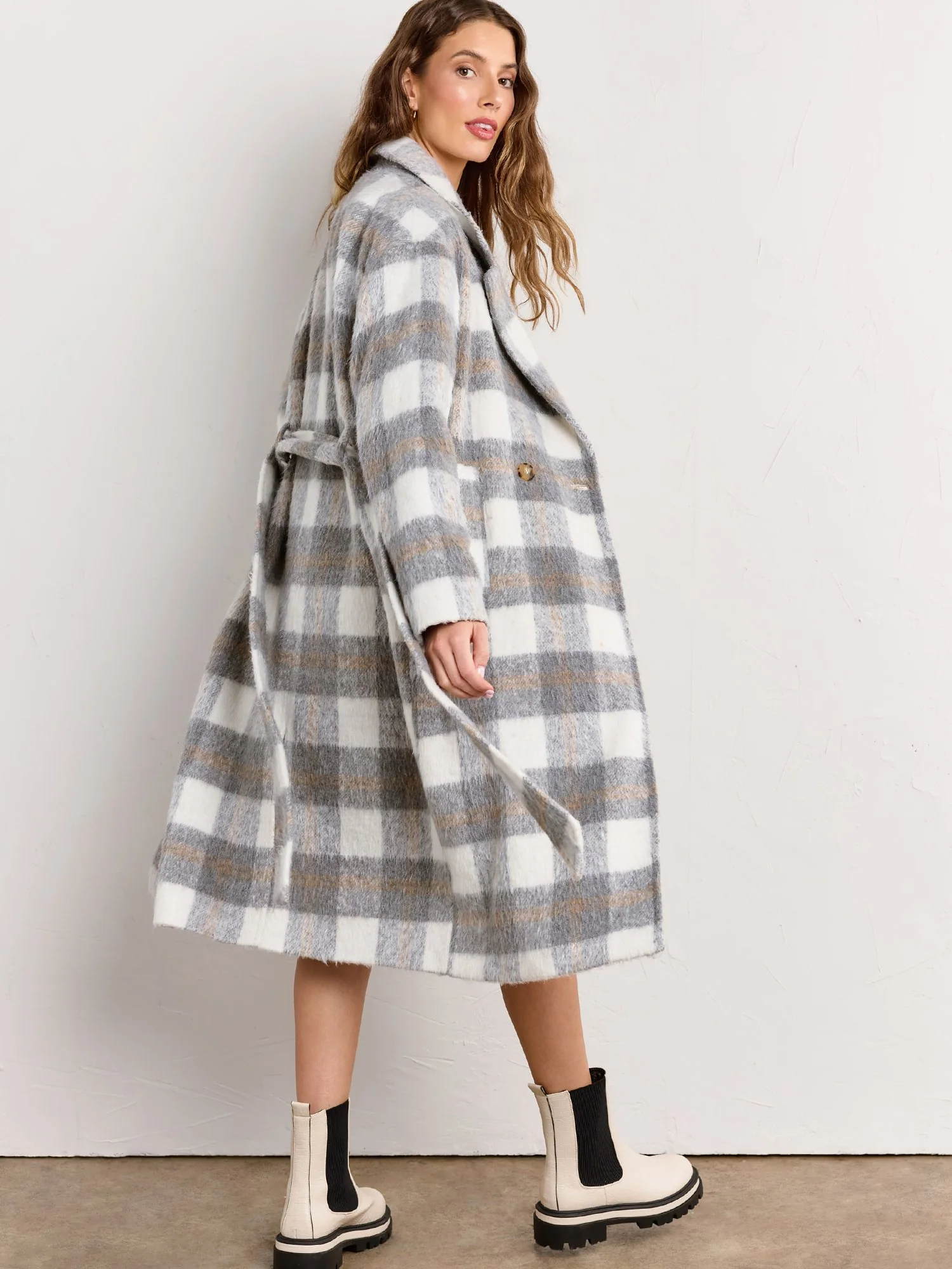 Brushed Plaid Double Breasted Trench Coat - Endless Blu - Image 6