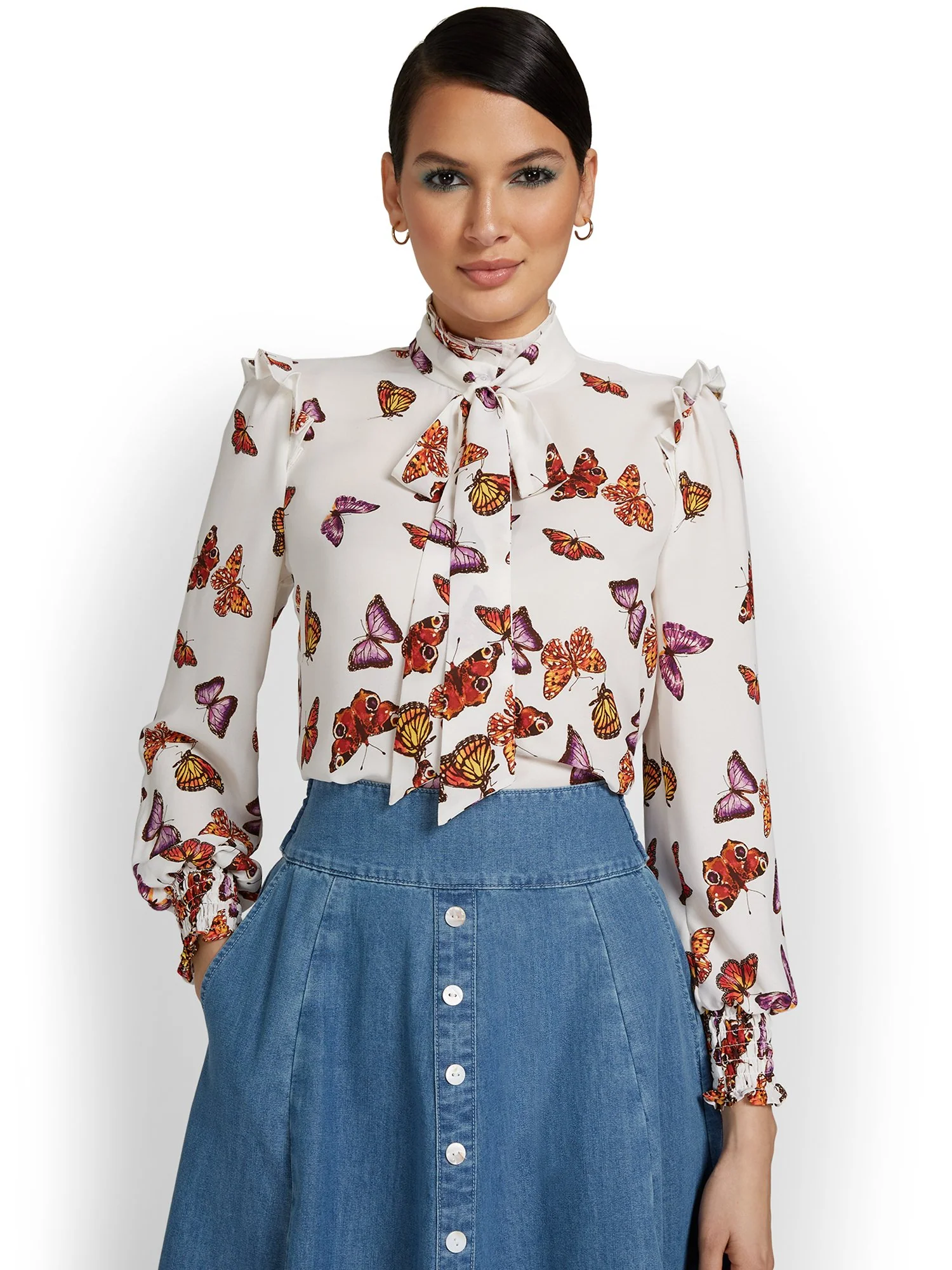 Butterfly-Print Long-Sleeve Bow-Neck Blouse - Image 2