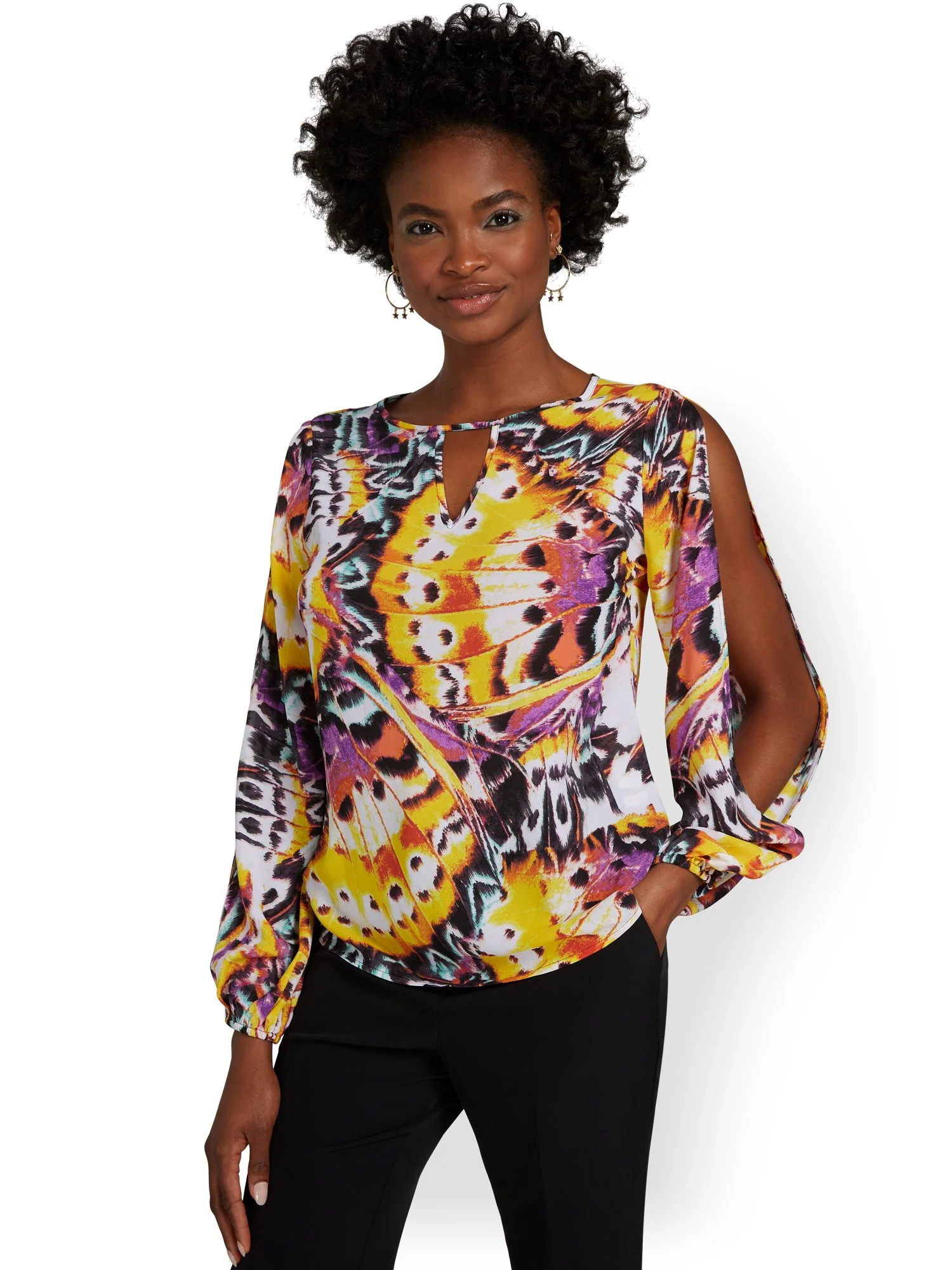 Butterfly-Print Open-Sleeve Blouse