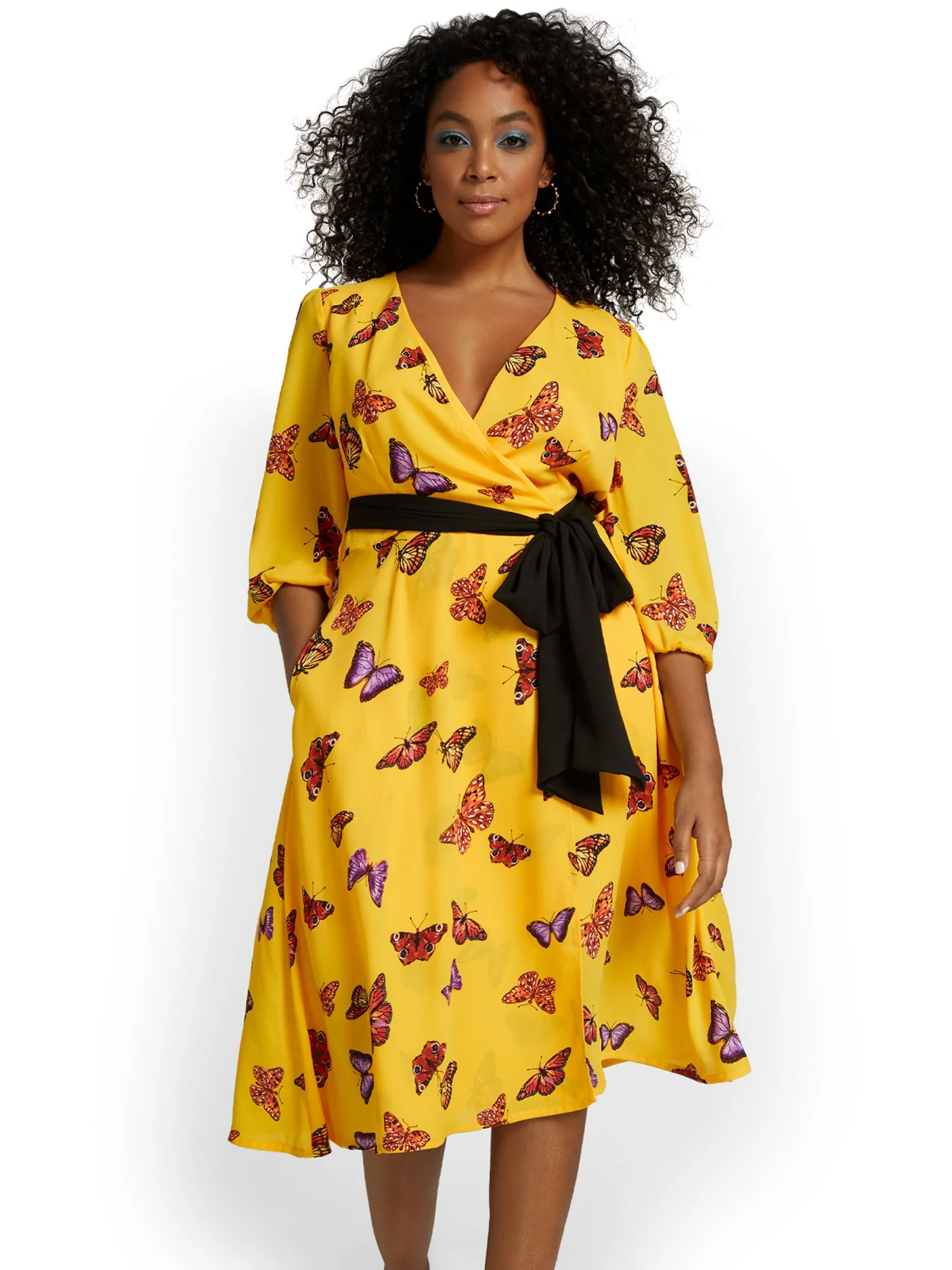 Butterfly-Print V-Neck Wrap Dress - Image 2