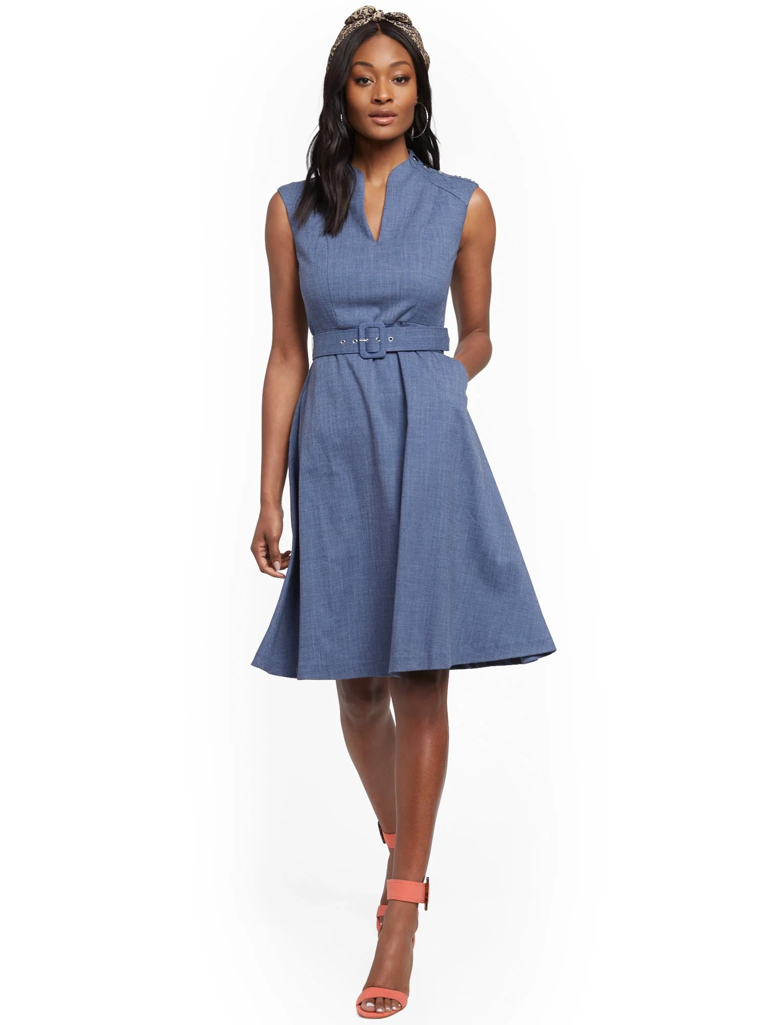 Button-Accent Belted Fit and Flare Dress - Image 4