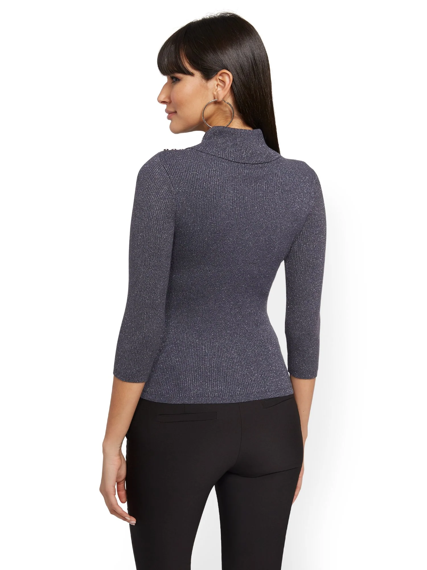Button-Accent Metallic Grey Turtleneck - Image 3