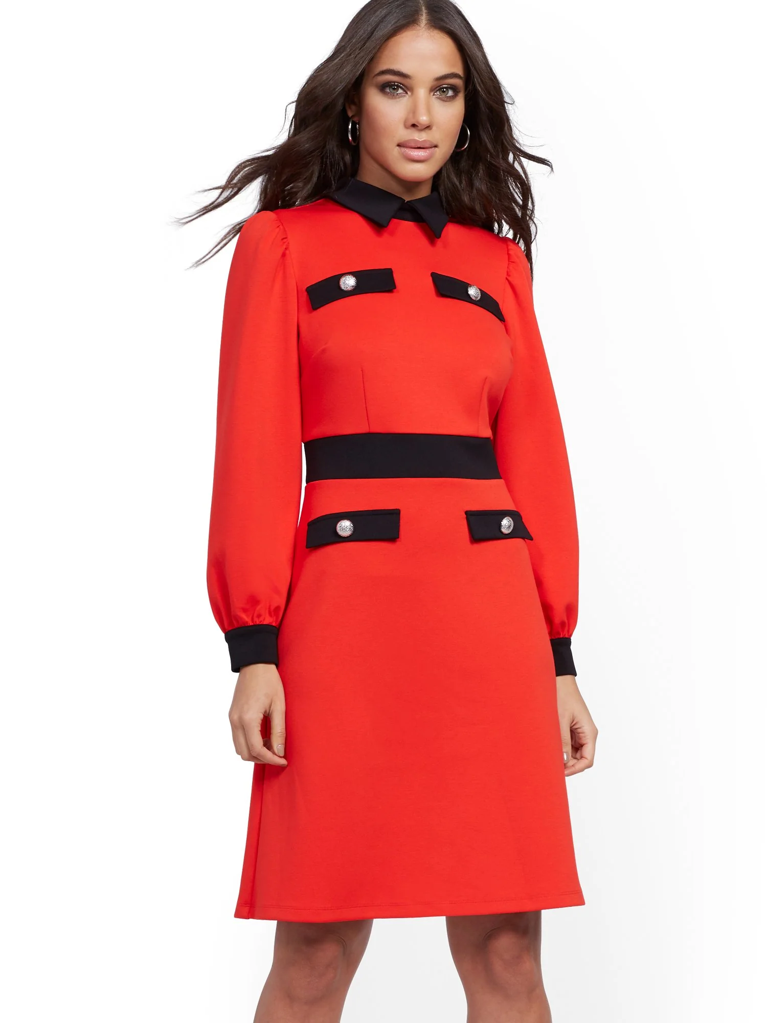 Button-Accent Puff-Sleeve Sheath Dress - Magic Crepe® - Image 2