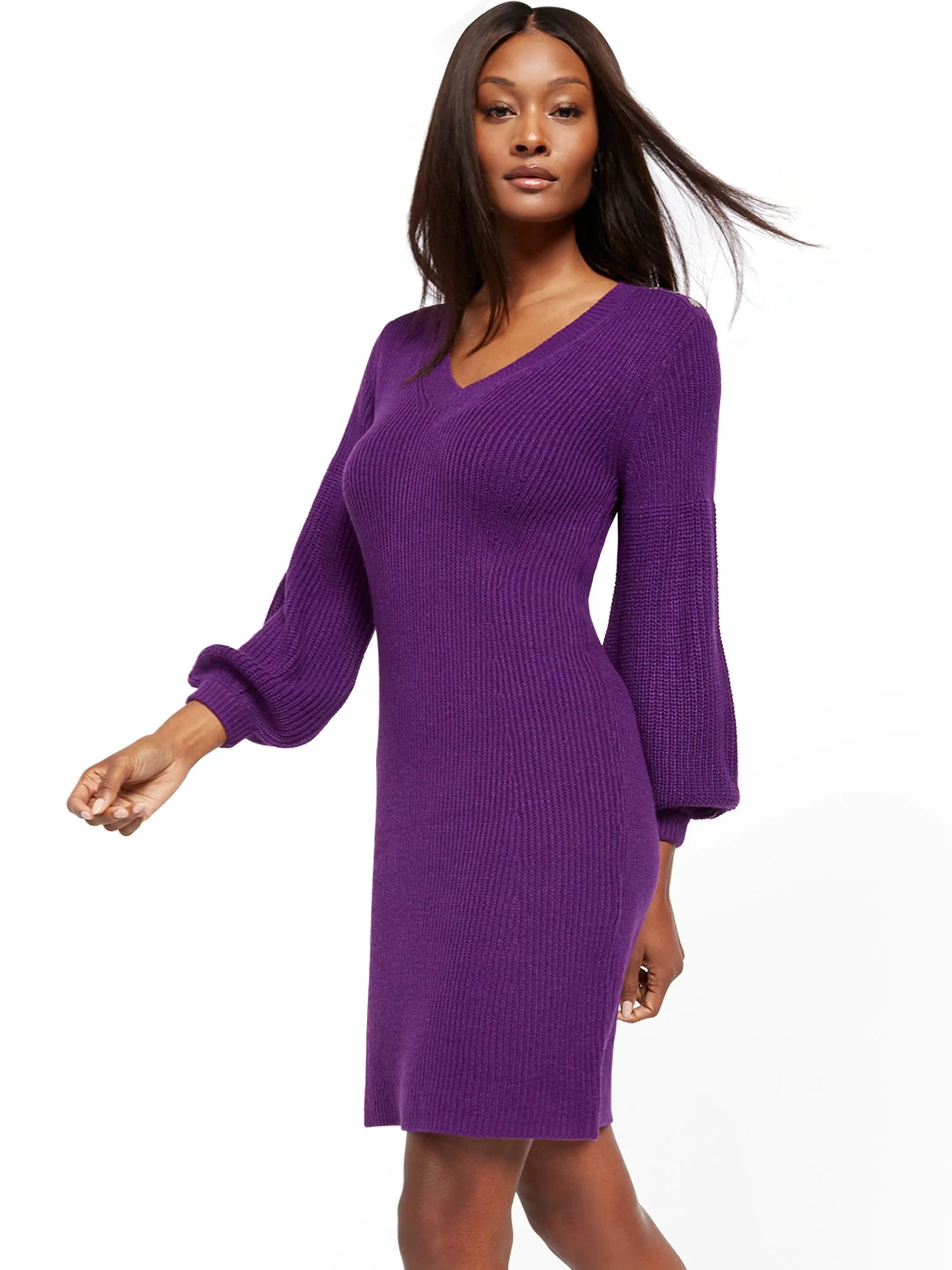 Button-Accent V-Neck Sweater Dress - Image 2