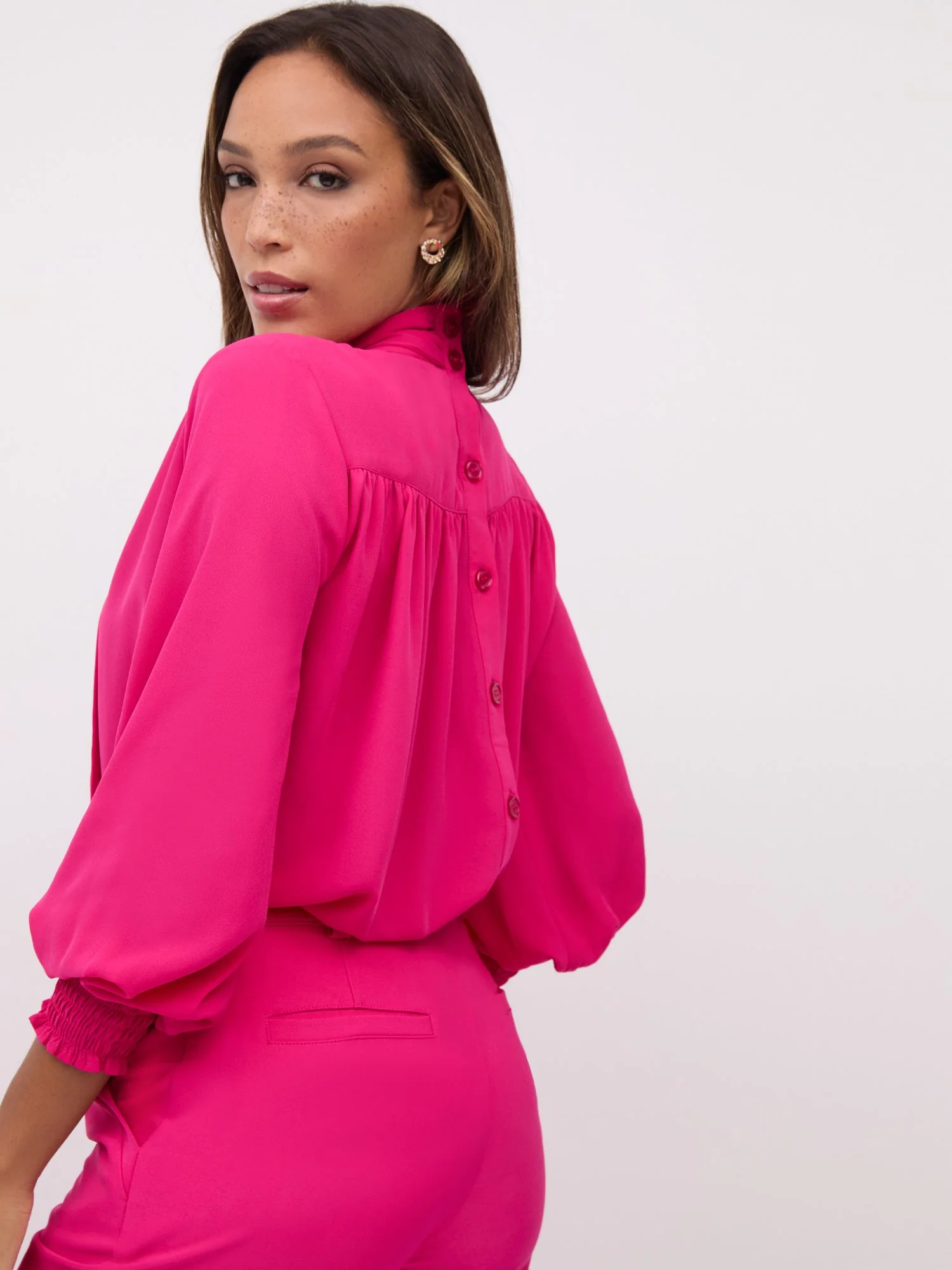 Button-Back Bow-Neck Blouse - Image 14
