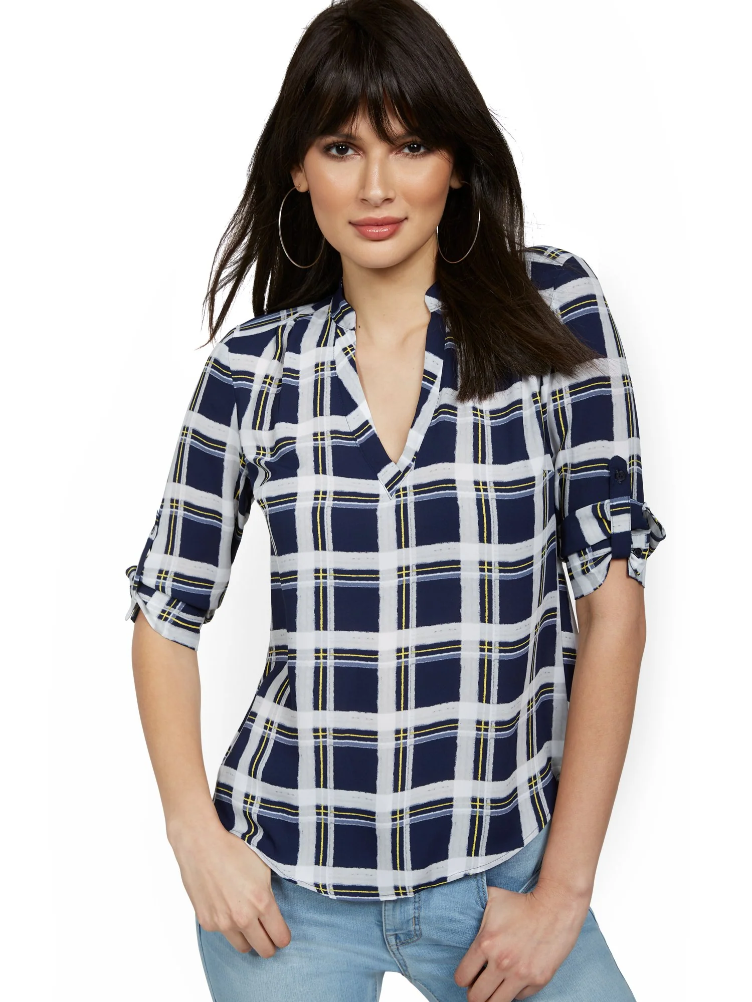 Button-Back Tab-Sleeve Plaid Top - Image 8