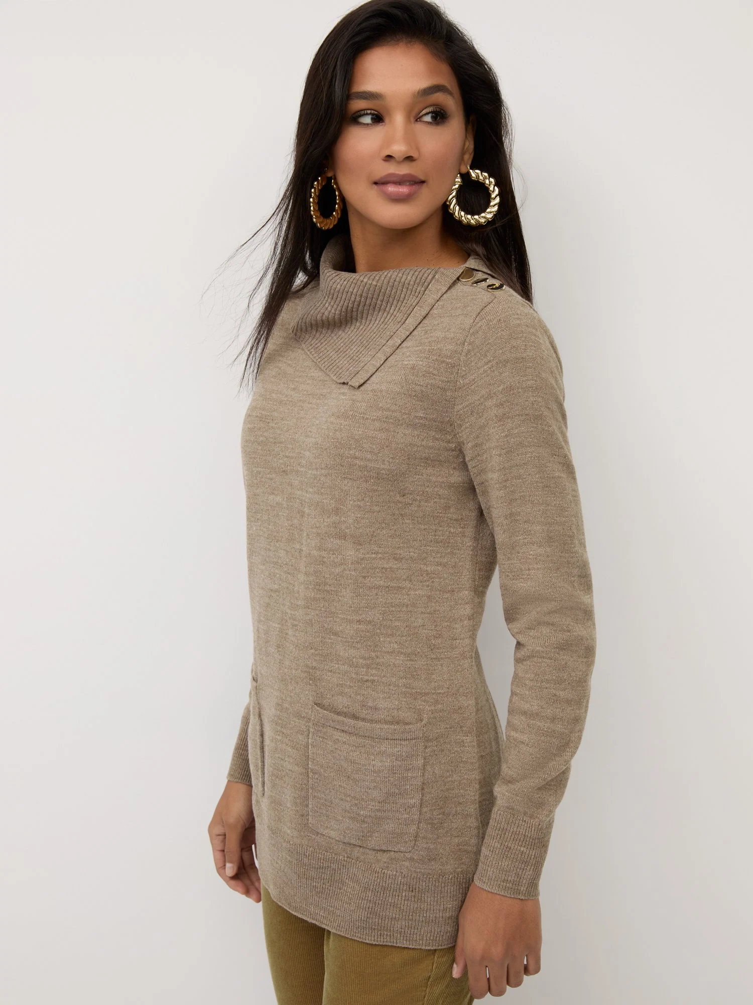 Button-Detail Cowl-Neck Tunic Sweater - Image 10