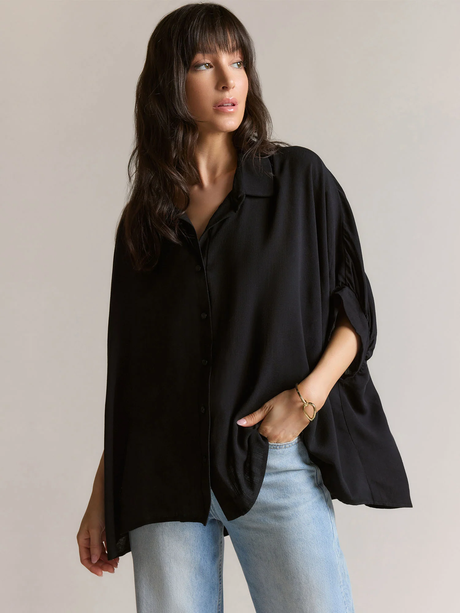 Charlotte Avery Button Down High Low Textured Oversized Shirt - Brands We Love