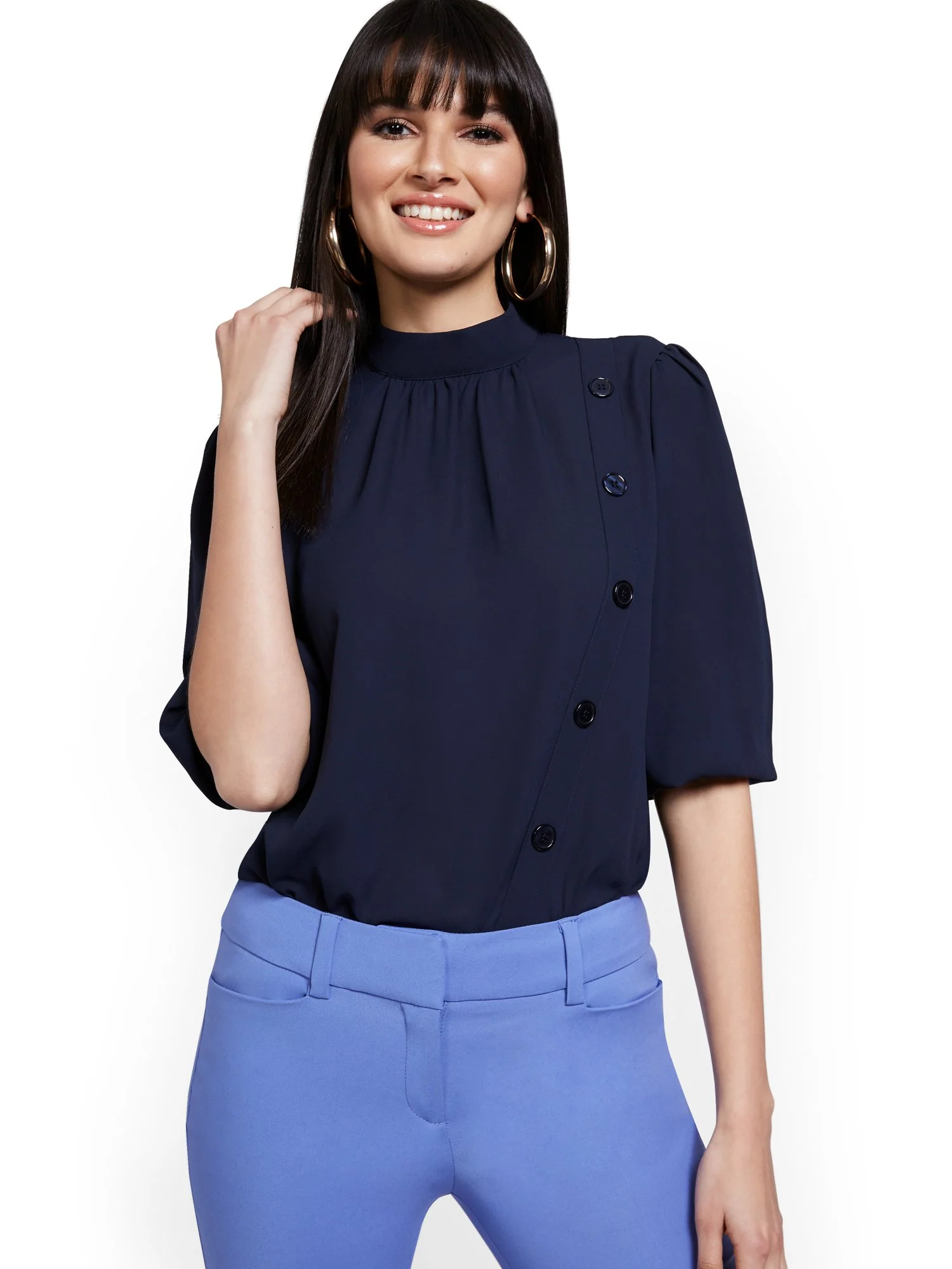 Button-Front 3/4-Sleeve Blouse - 7th Avenue - Image 21