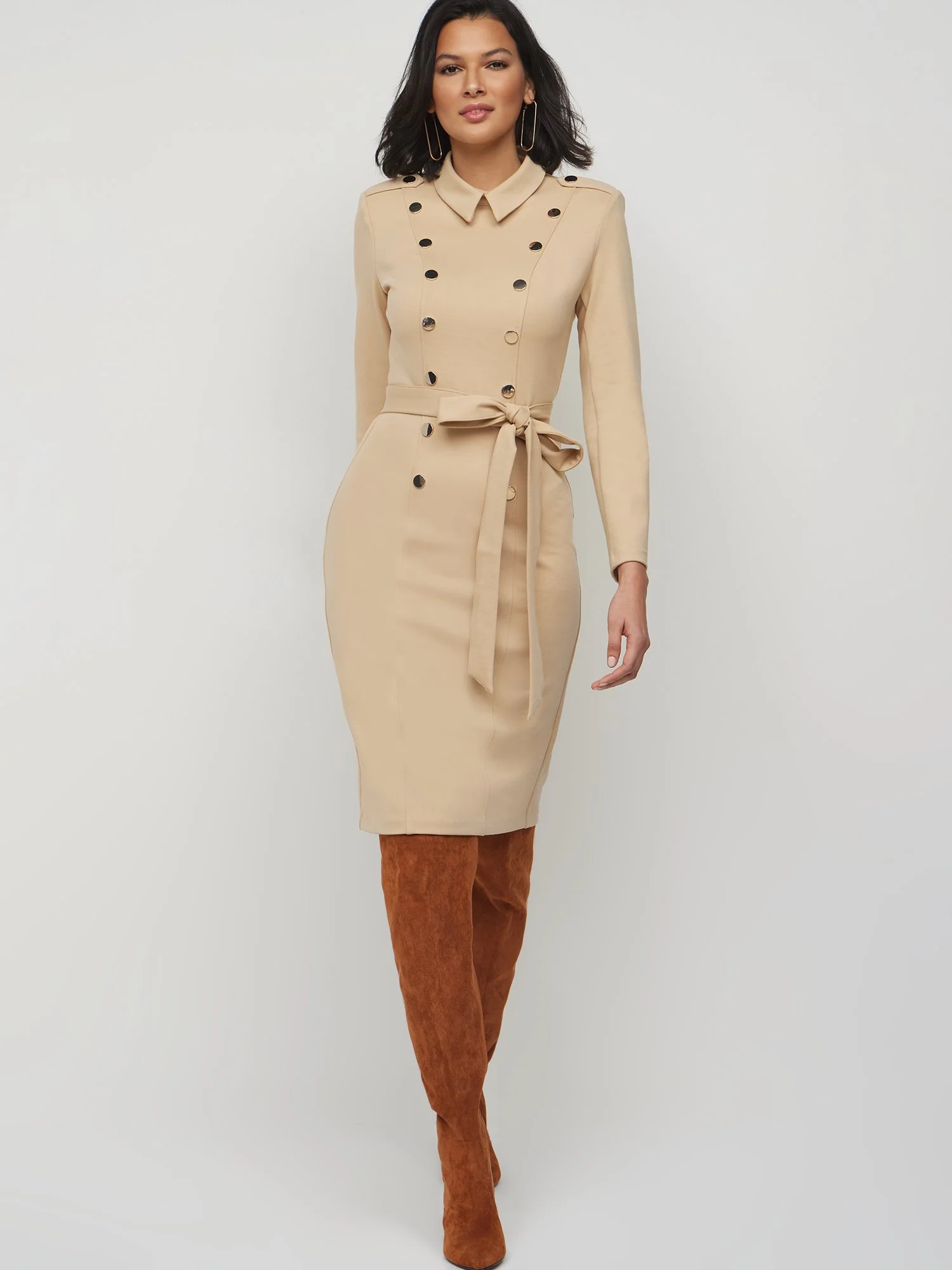 Button-Front Belted Sheath Dress - Superflex