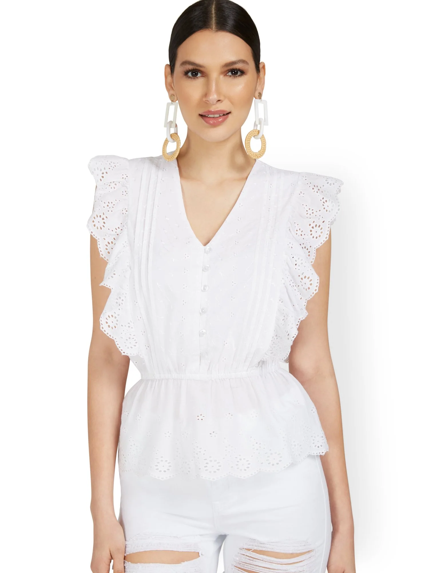 Button-Front Eyelet V-Neck Ruffle Top - Image 2