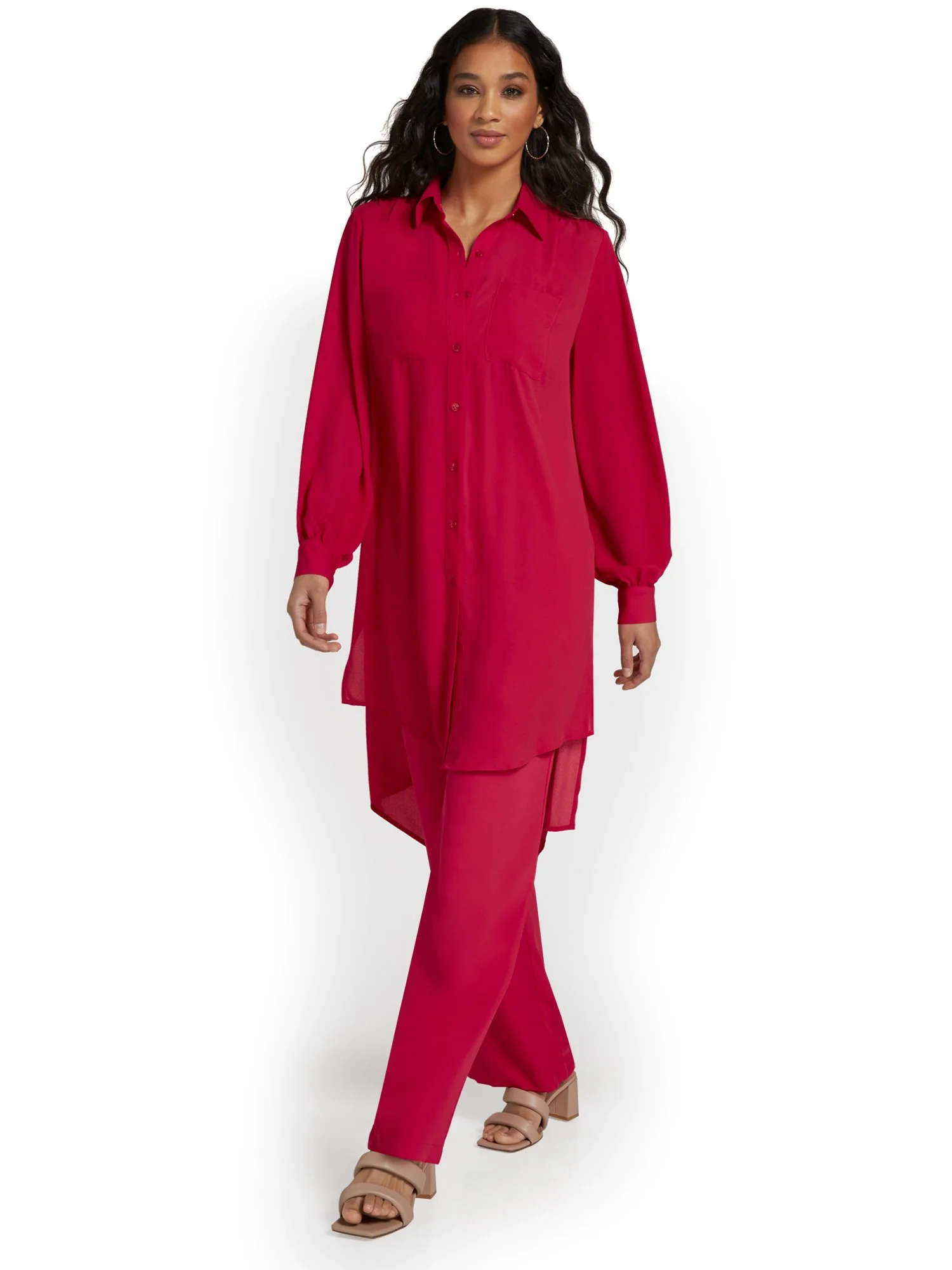 Button-Front Side-Slit Midi Shirt - Image 3