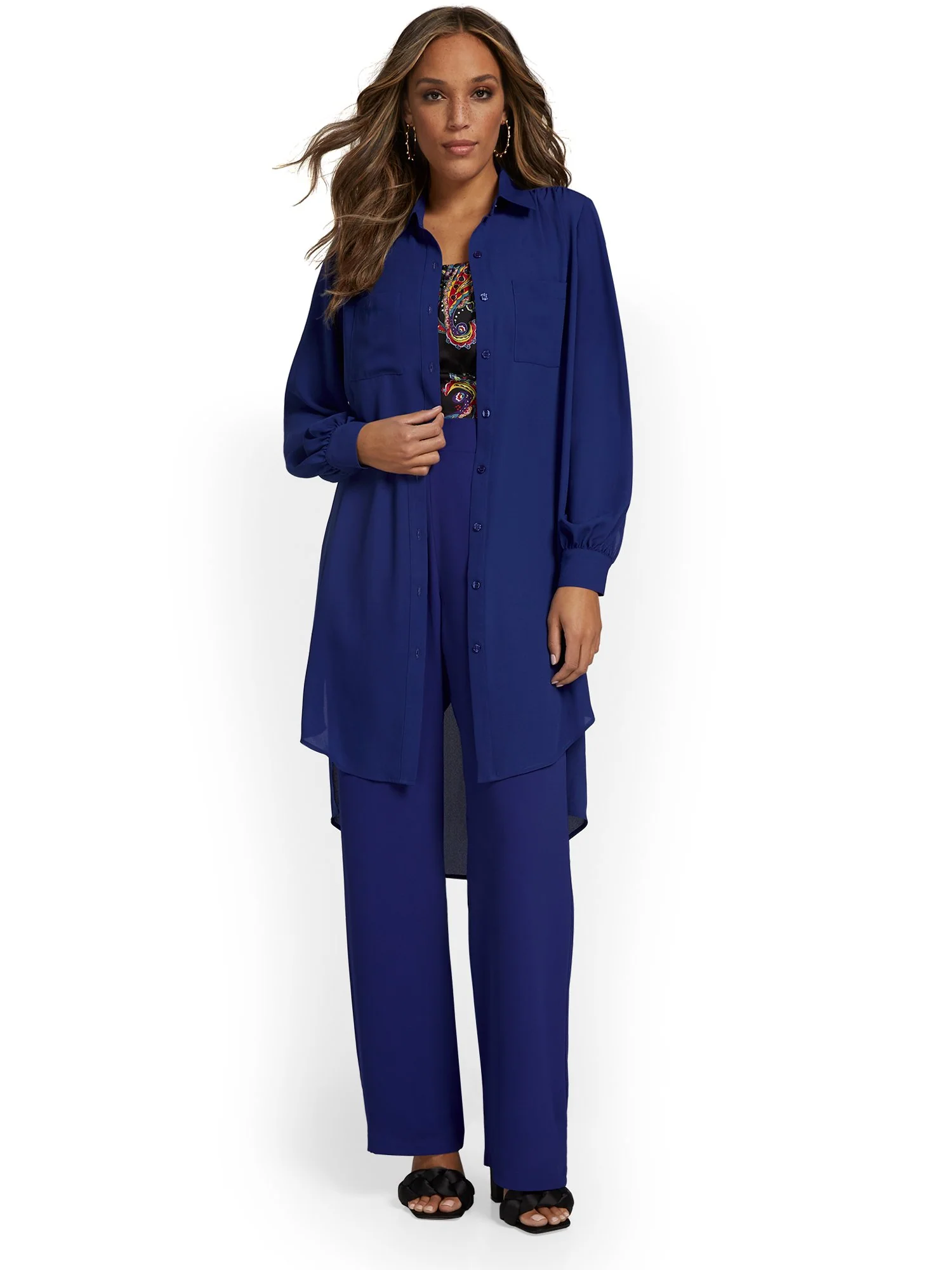 Button-Front Side-Slit Midi Shirt - Image 5