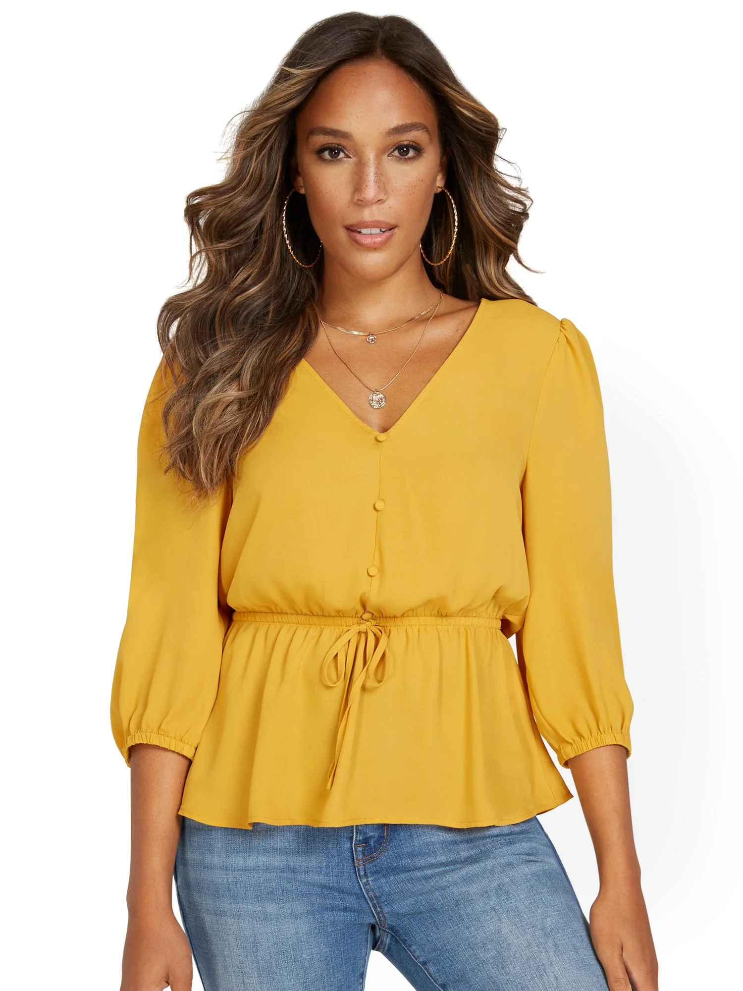Button-Front Tie-Waist Blouse