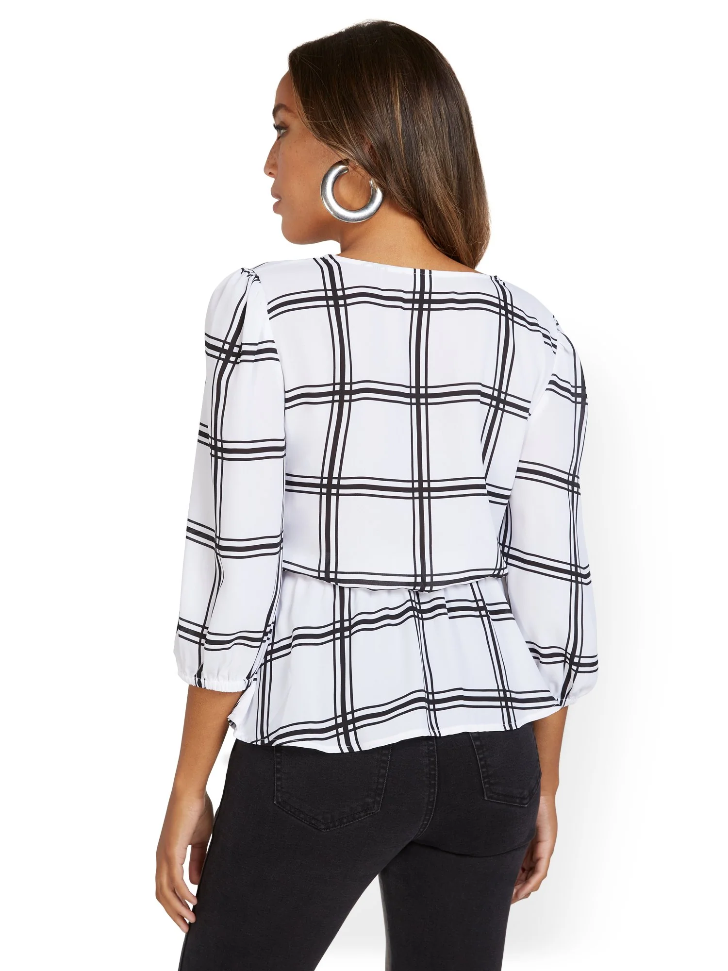 Button-Front Tie-Waist Blouse - Check-Print - Image 3