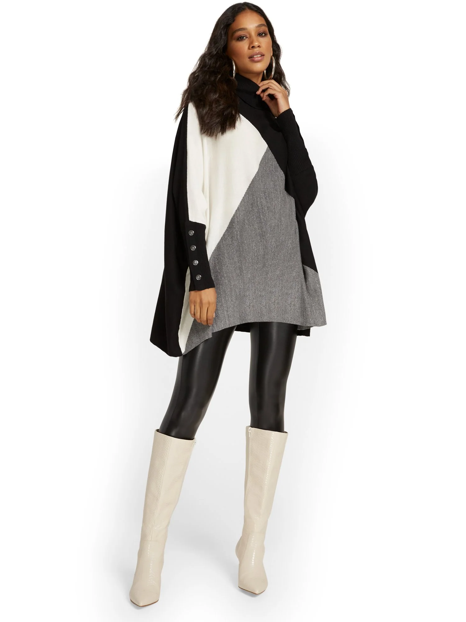 Button-Sleeve Colorblock Turtleneck Poncho - Image 2