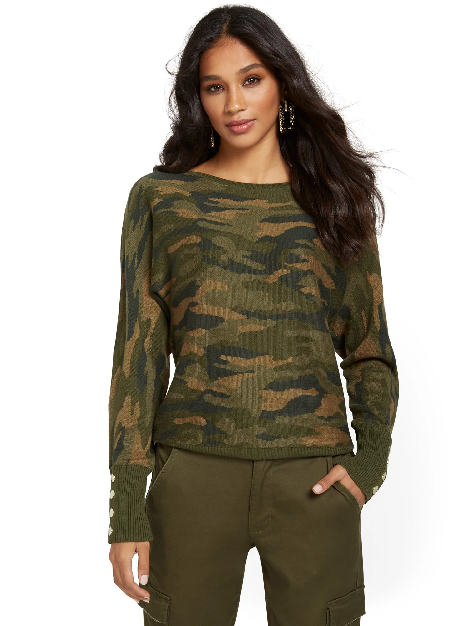 Button-Sleeve Dolman Sweater - Camo-Print - Image 2