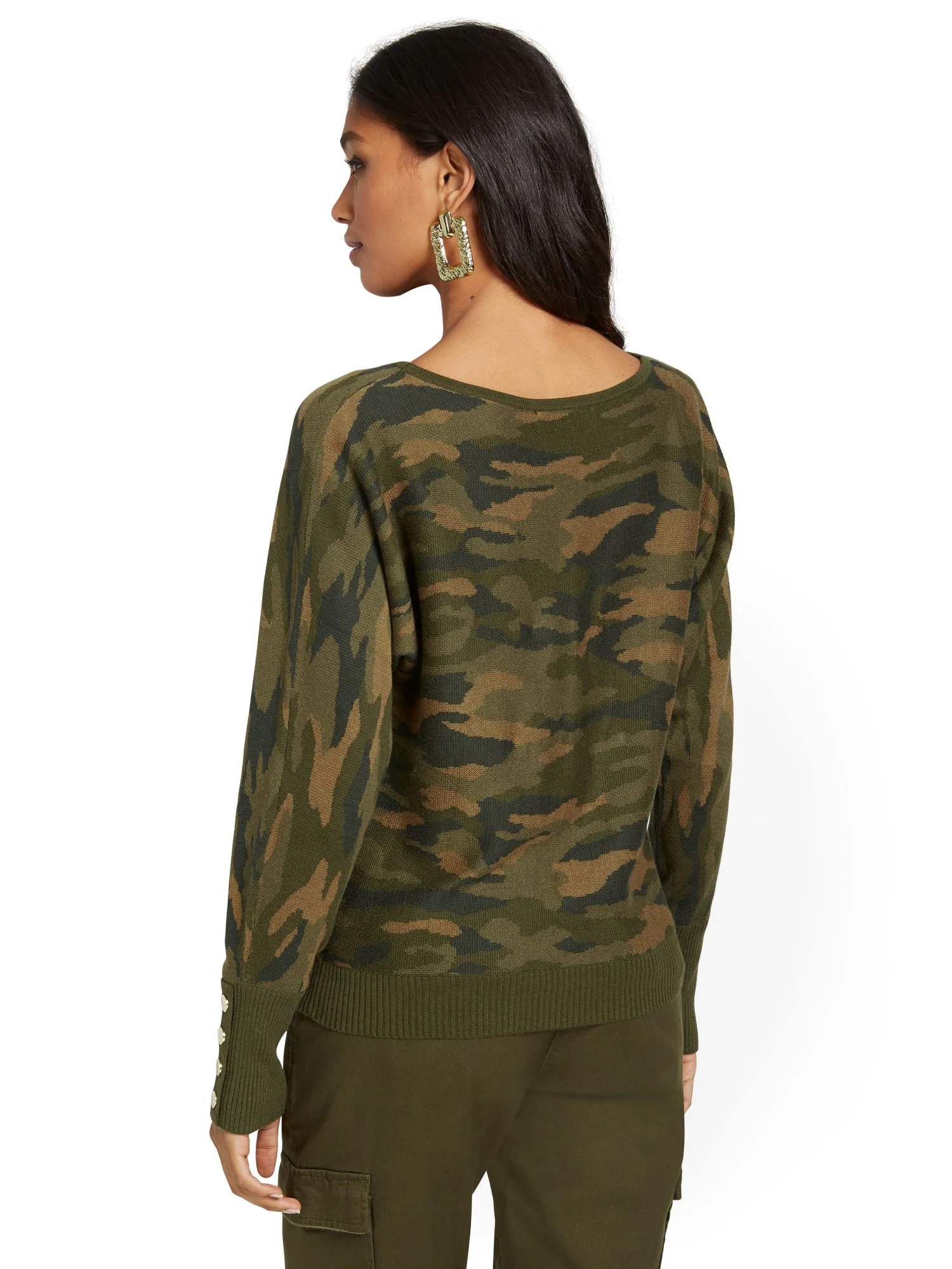 Button-Sleeve Dolman Sweater - Camo-Print - Image 3