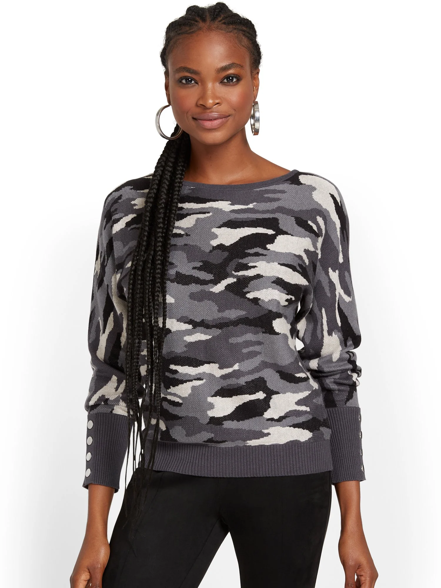 Button-Sleeve Dolman Sweater - Camo-Print - Image 5