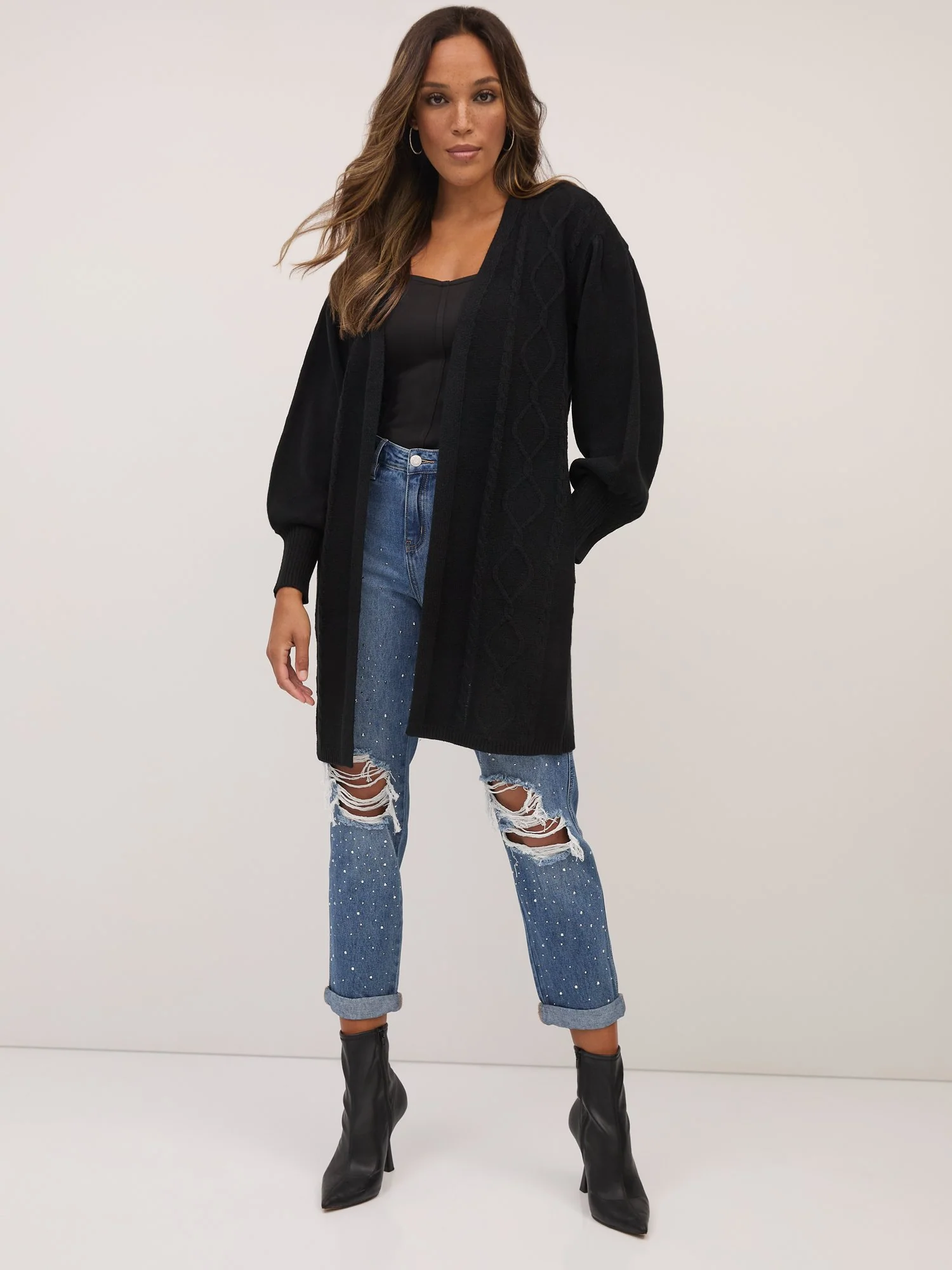 Cable-Knit Balloon-Sleeve Cardigan - Image 2