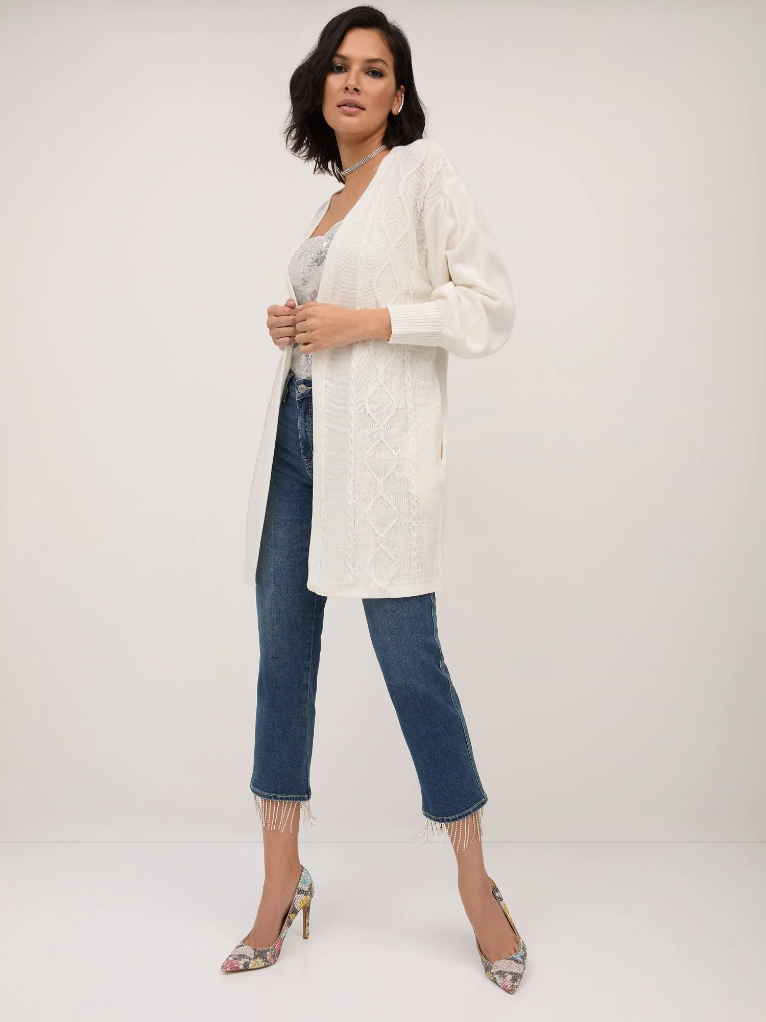 Cable-Knit Balloon-Sleeve Cardigan - Image 6