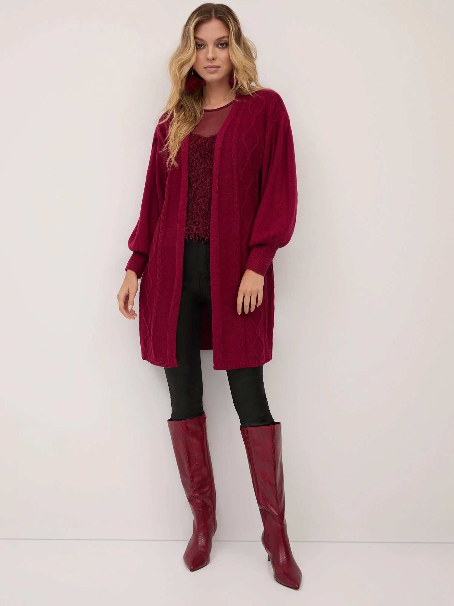 Cable-Knit Balloon-Sleeve Cardigan - Image 8