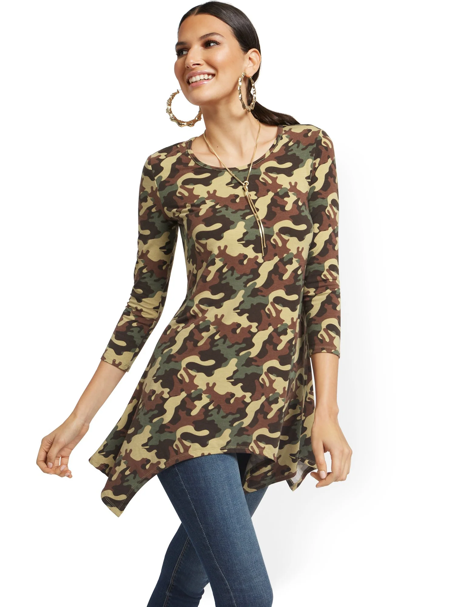 Camo-Print Asymmetrical Sharkbite Hem Tunic Top