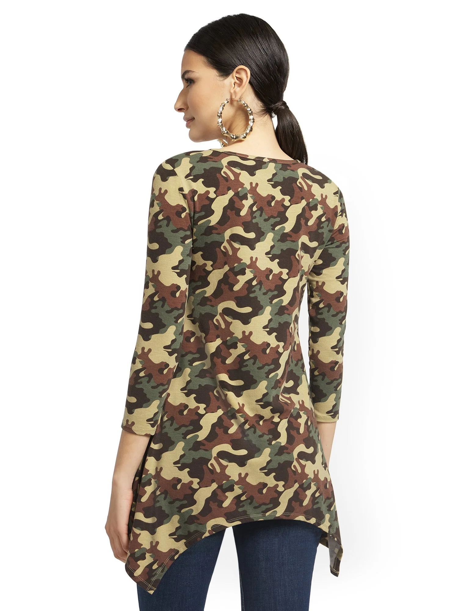 Camo-Print Asymmetrical Sharkbite Hem Tunic Top - Image 3