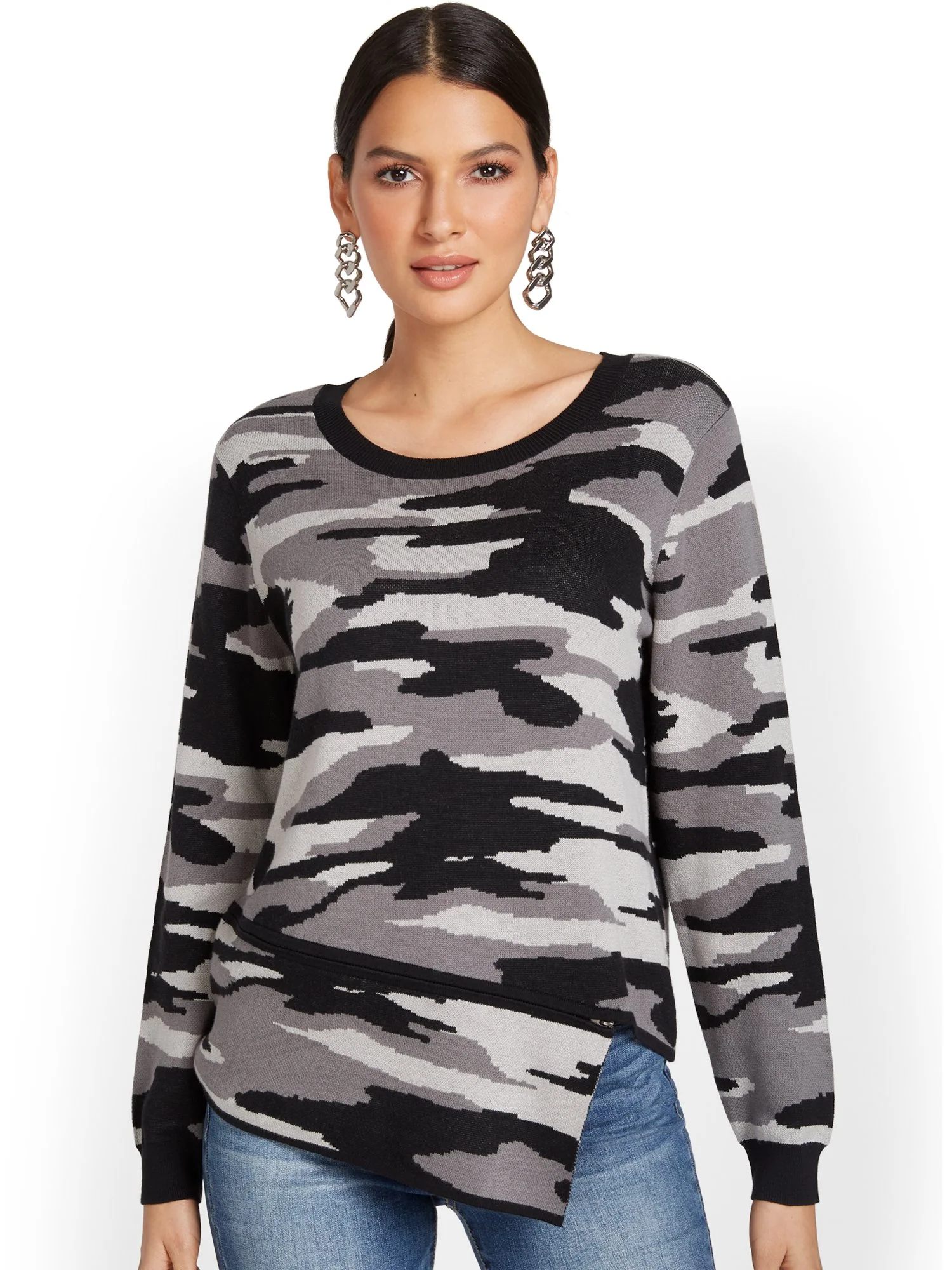 Camo-Print Asymmetrical Zip-Detail Pullover Sweater - Image 2