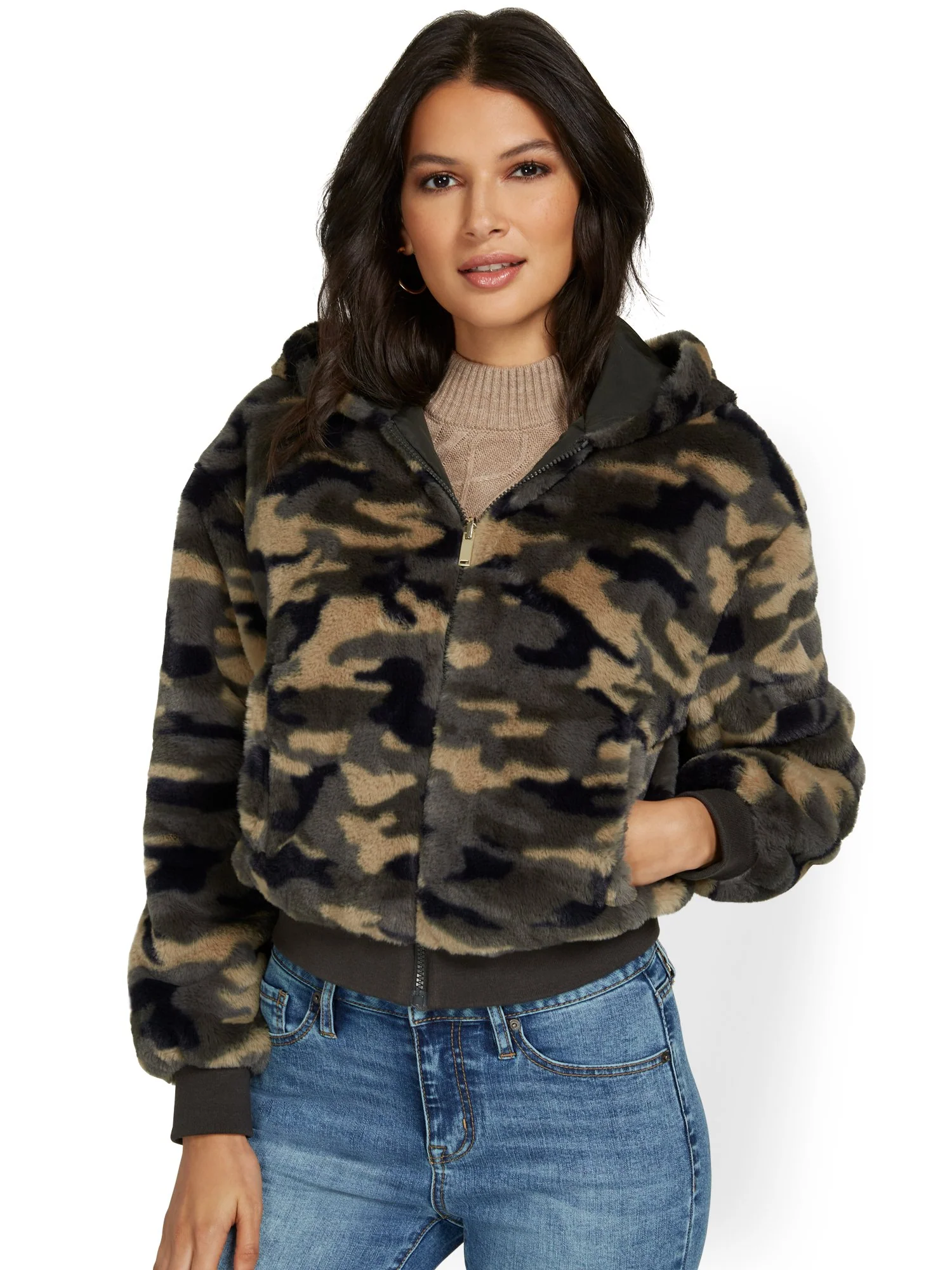 Camo-Print Reversible Hooded Faux-Fur Jacket - Image 2