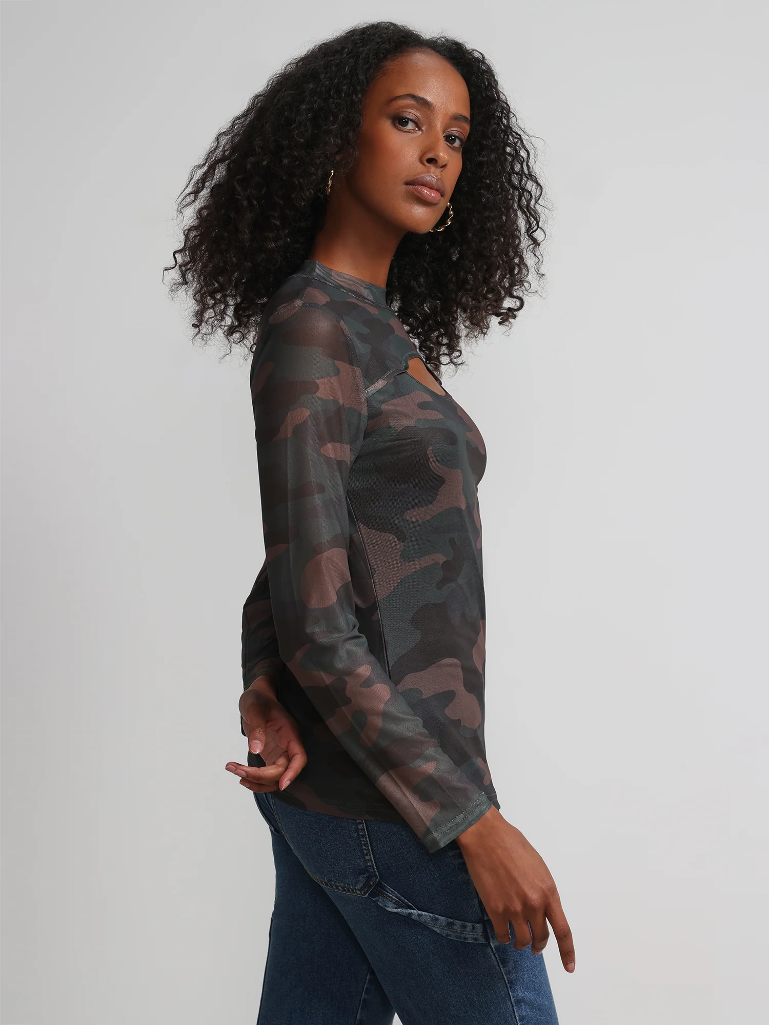 Camouflage Cut-Out Mock-Neck Top - Image 2