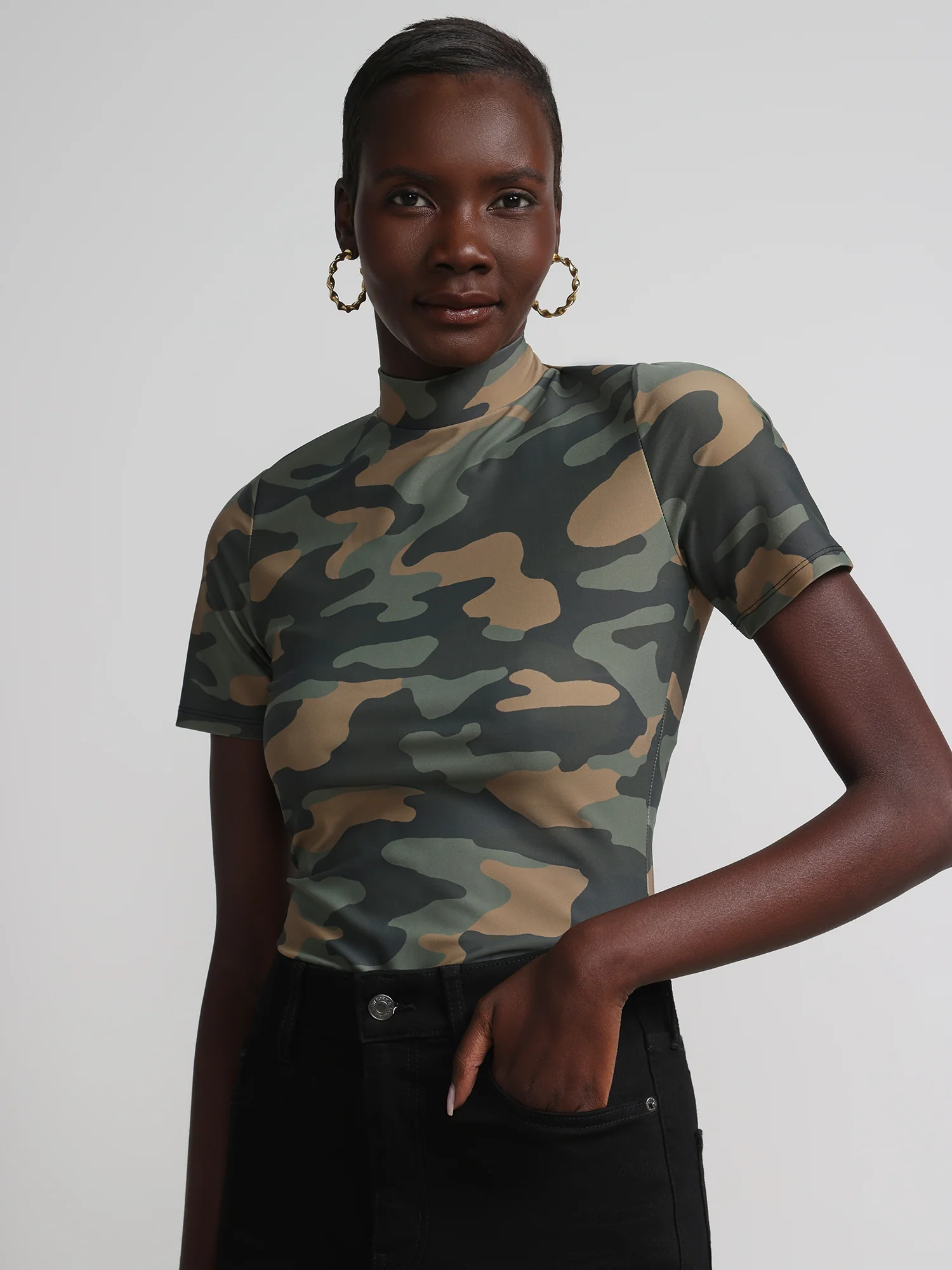 Camouflage Mock-Neck Scuba Bodysuit