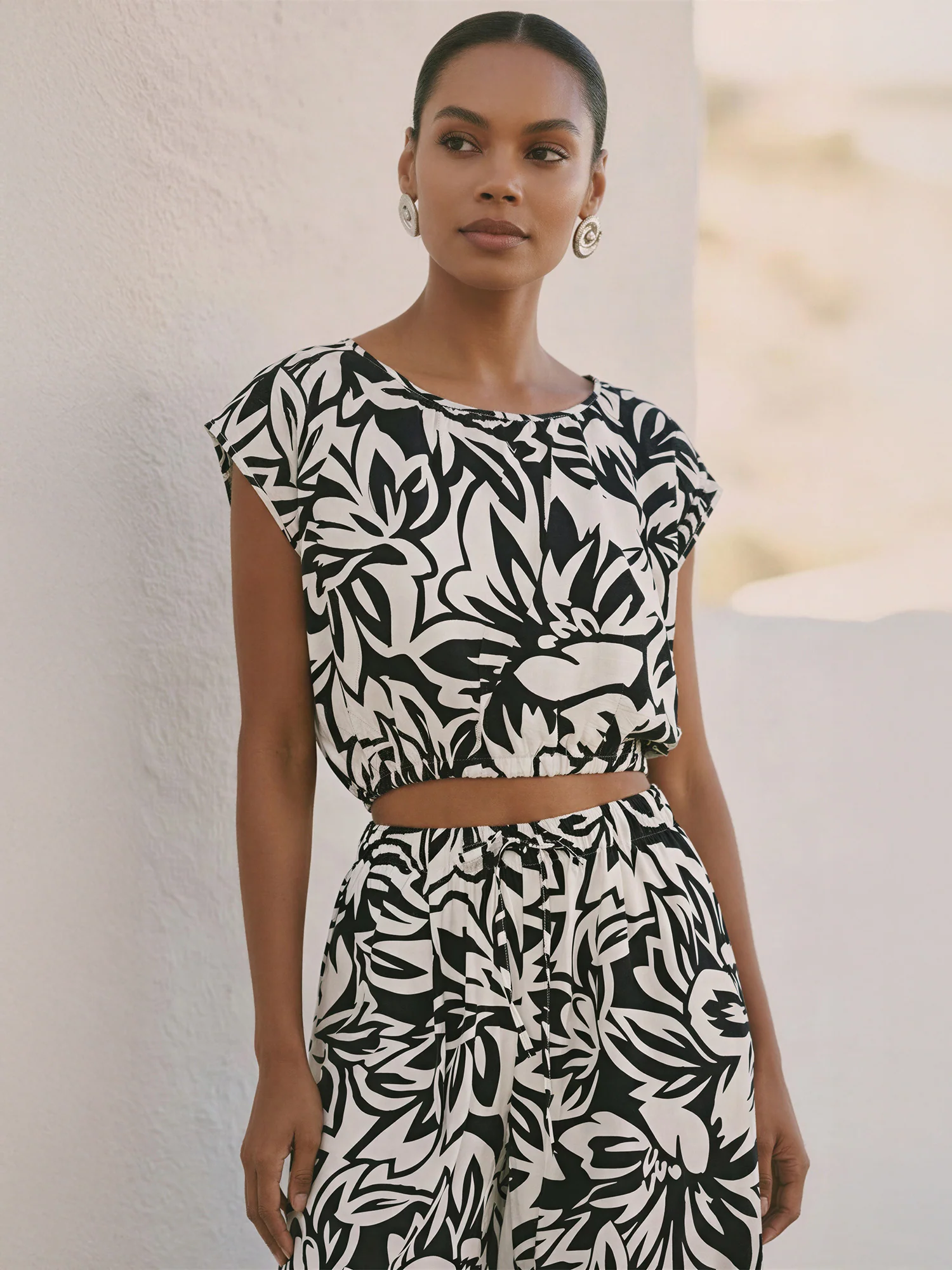 Cap Sleeve Abstract Floral Elastic Hem - Image 2