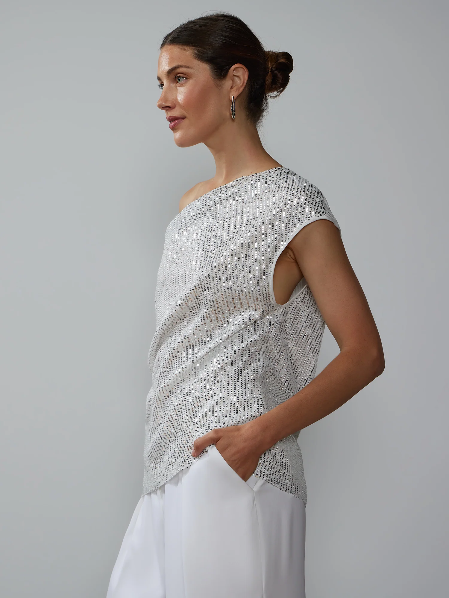 Cap Sleeve Cowl Neck Sequin Top - Image 2