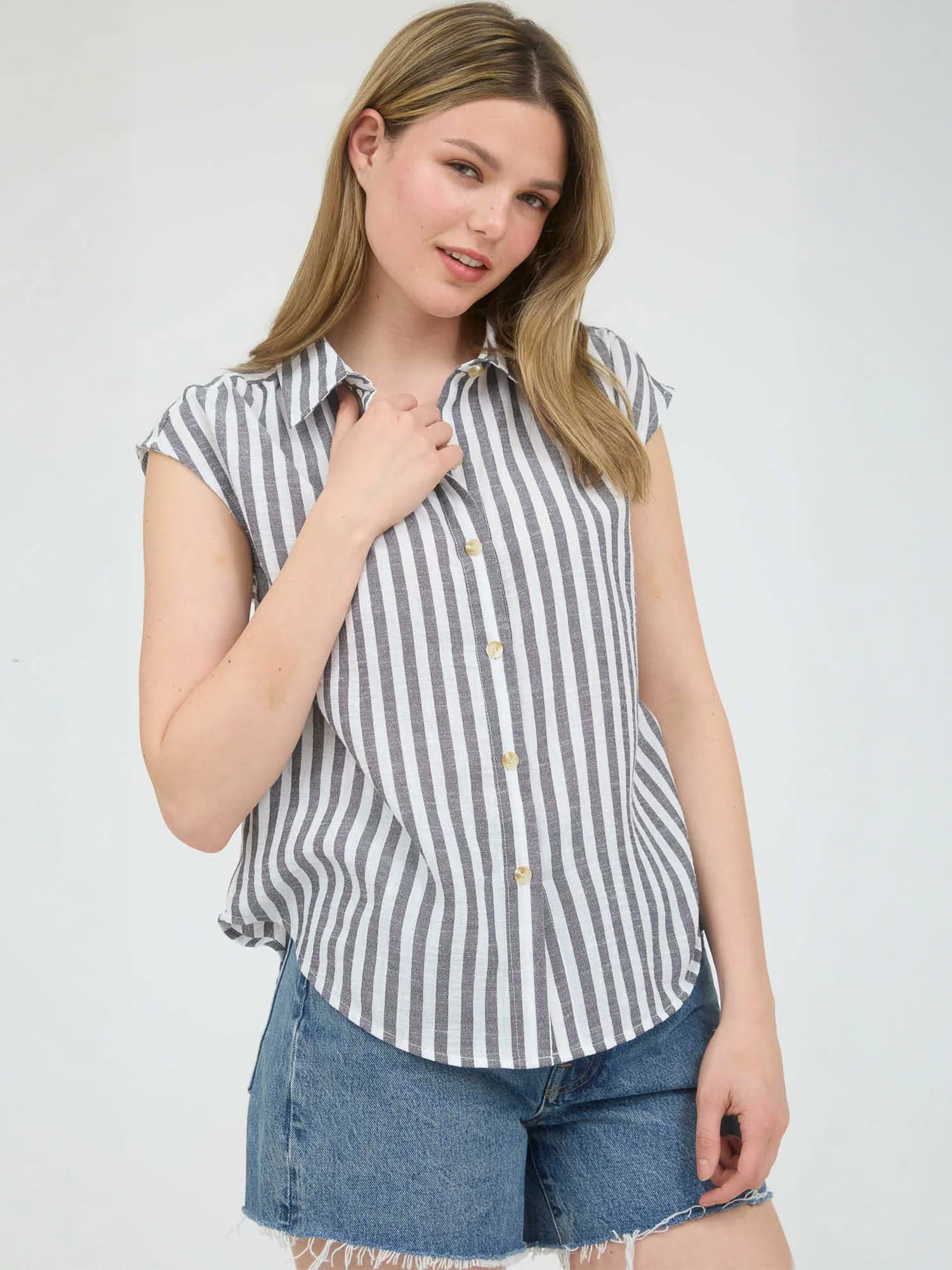 Cap Sleeve Stripe Button Down Lightweight Shirt - Image 6