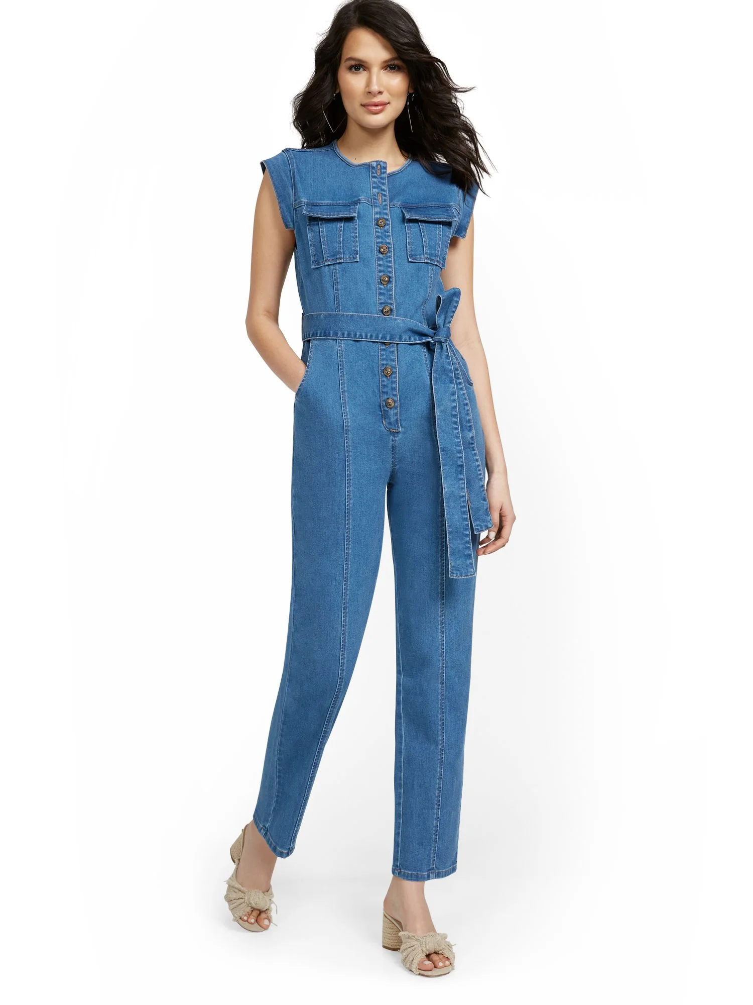 Cap-Sleeve Utility Denim Jumpsuit